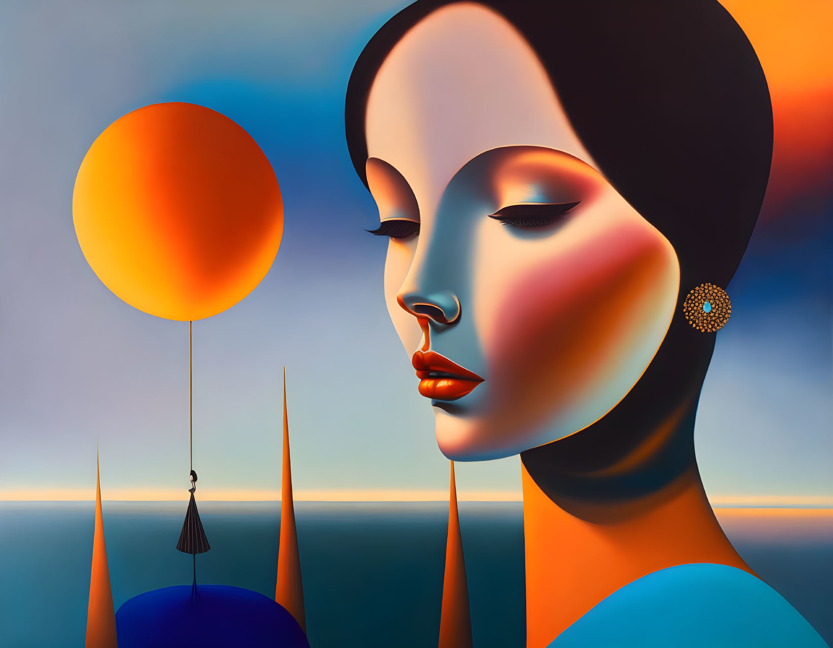 Surreal artwork: Stylized woman, orange balloon, abstract shapes on gradient sky