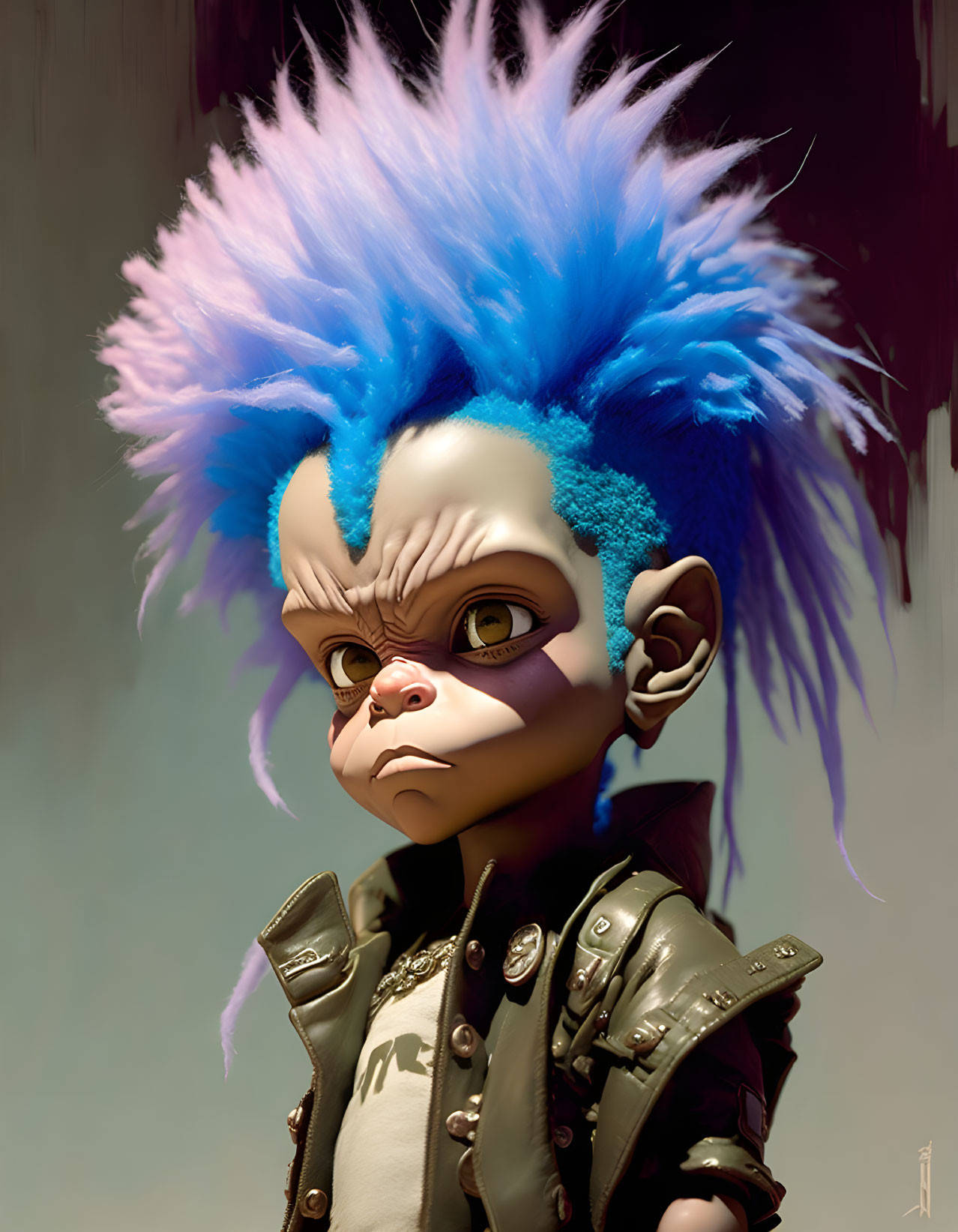 Blue Spiked Hair Animated Character in Black Leather Jacket