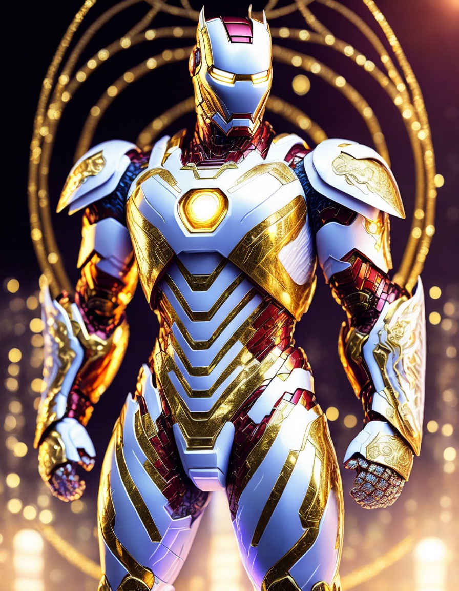 Detailed Iron Man suit with gold and white armor designs and glowing power elements.