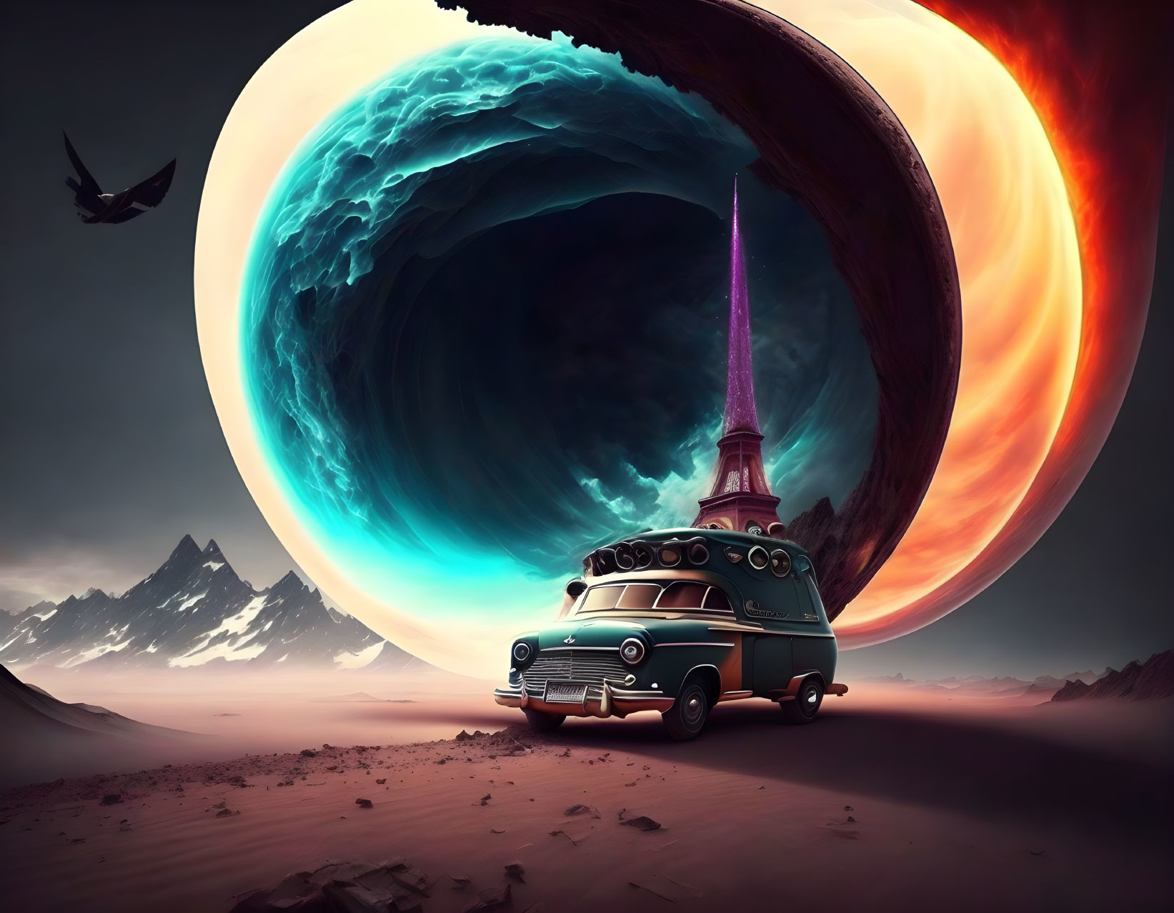 Vintage van parked on alien landscape with giant planet and Eiffel Tower-like structure.