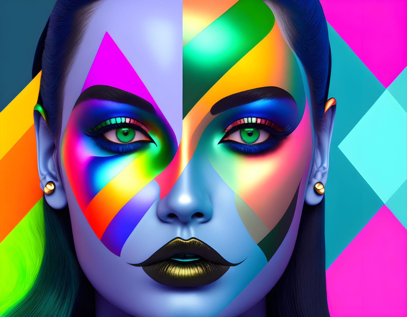 Geometric Multicolored Makeup Art on Woman's Face