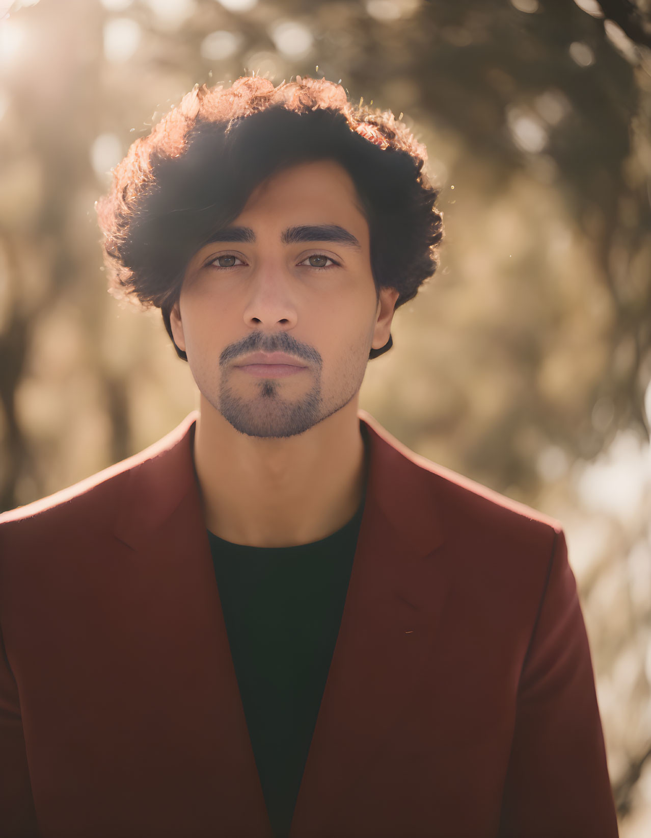 Bearded man in red blazer outdoors with blurred trees.