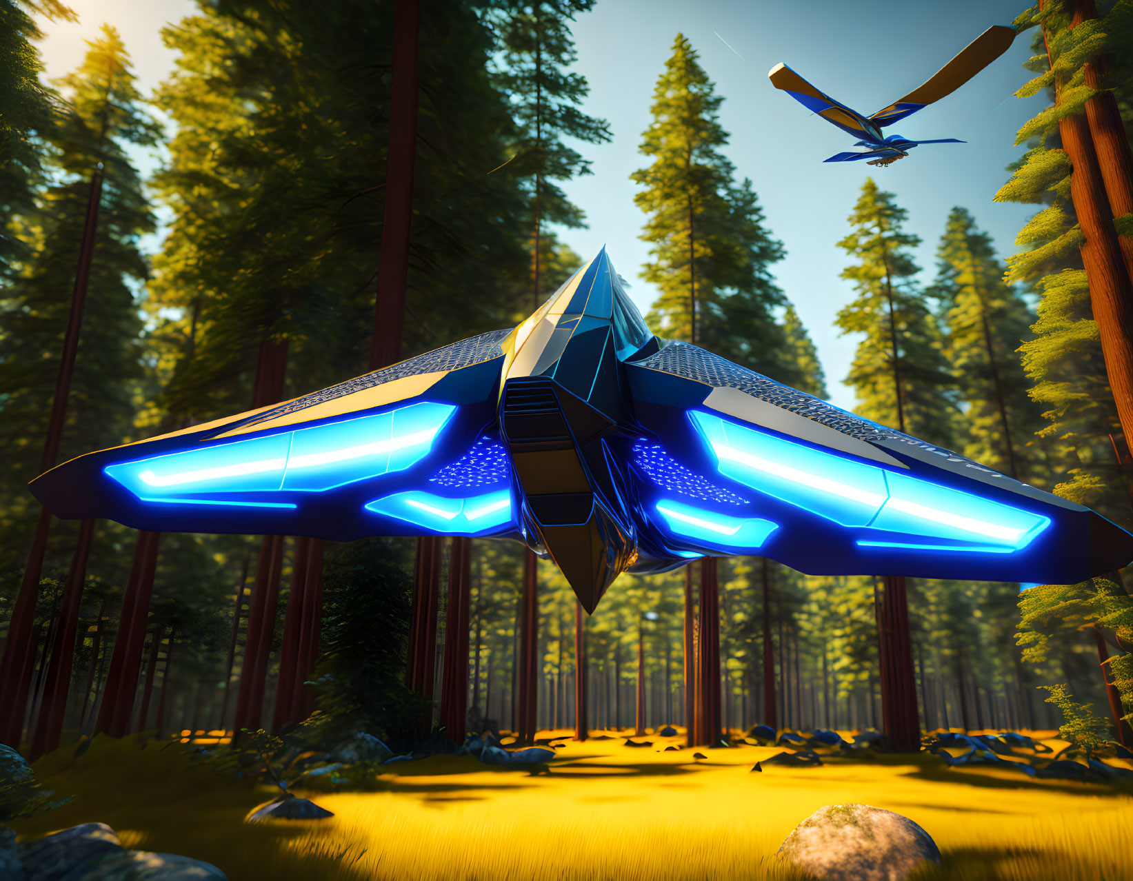 Blue-glowing spaceship in forest with tall trees and sunlight, bird flying.