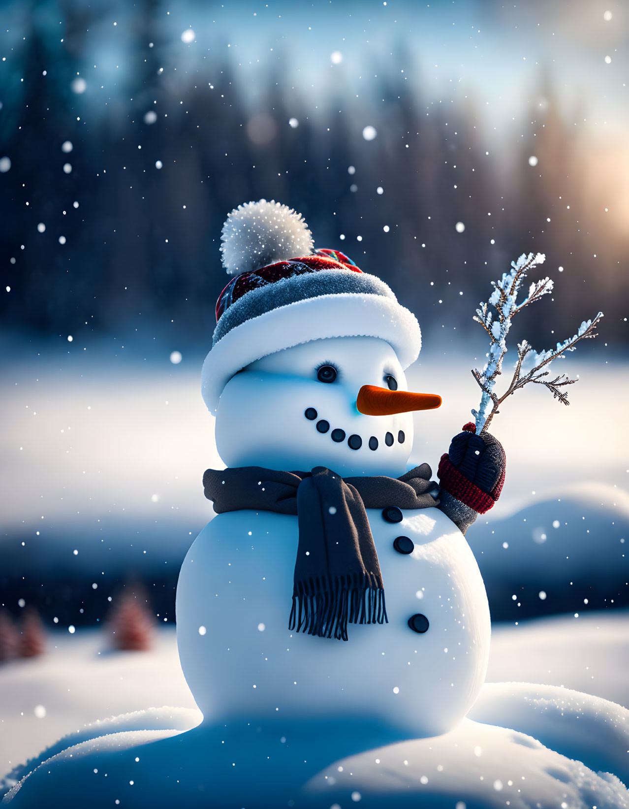 Snowman with hat and scarf holding twig in snowy landscape