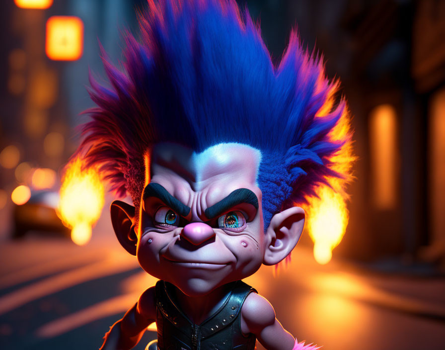 Blue Spiky-Haired 3D Character in City Night Scene