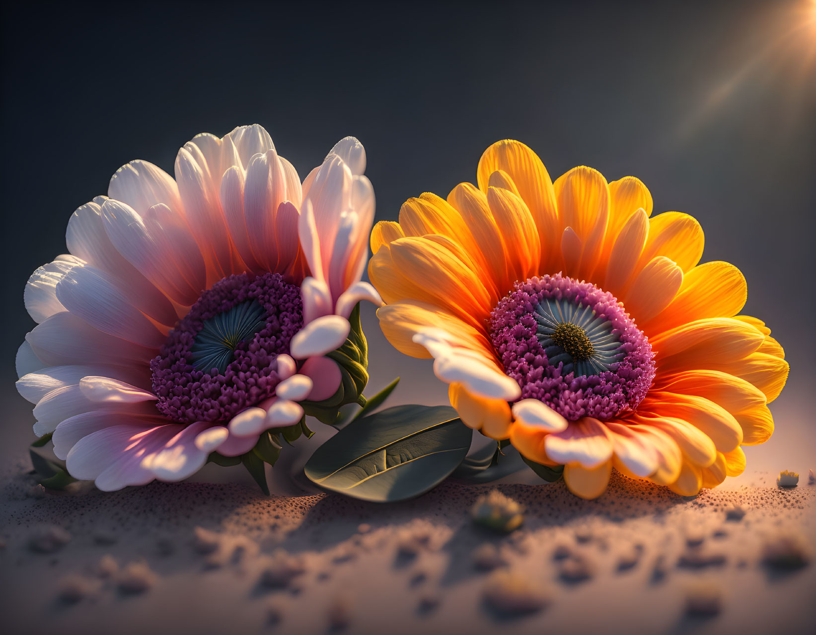 Vibrant pink and orange gerbera flowers on smooth surface with dark backdrop