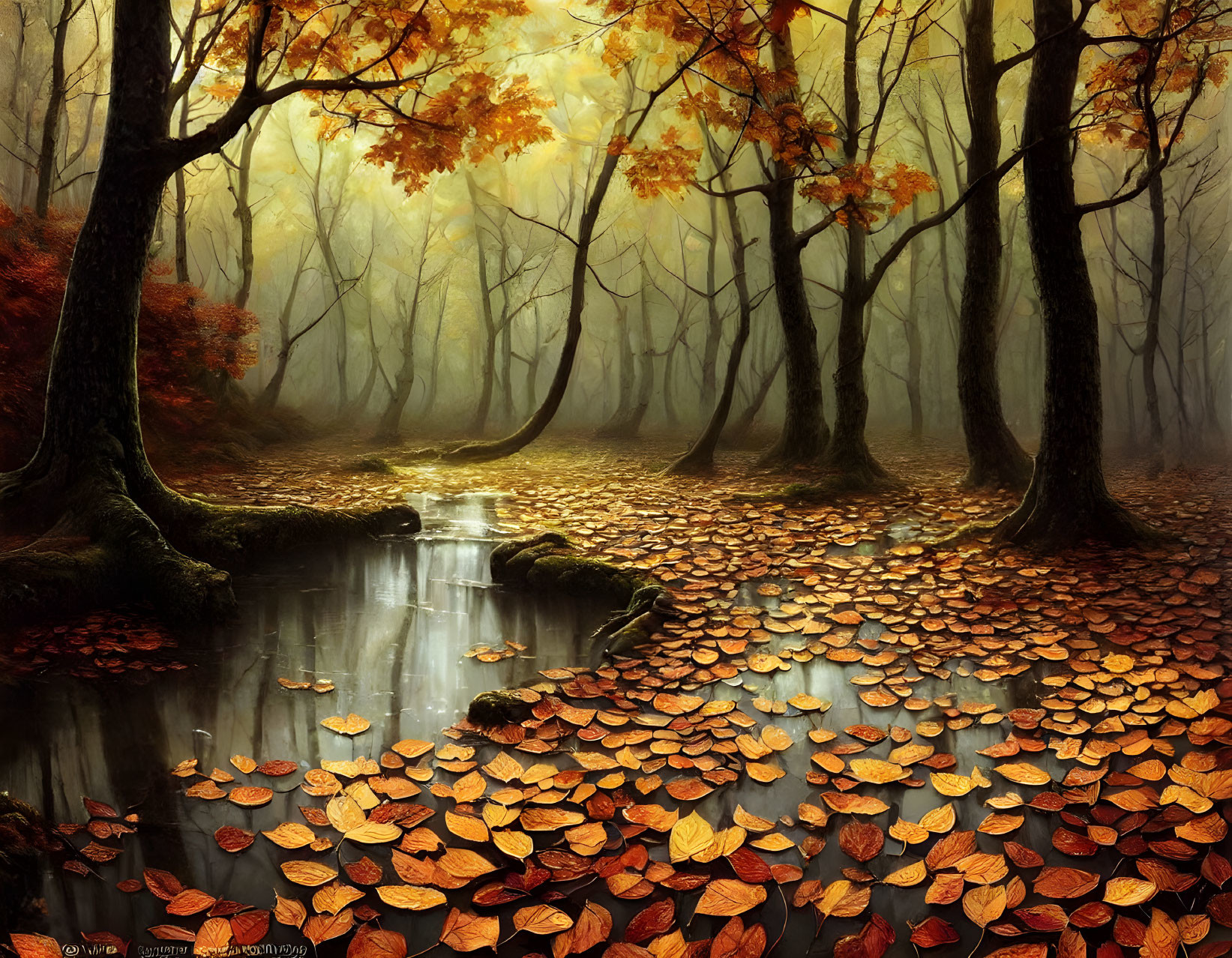 Golden leaves and misty pond in serene autumn forest landscape