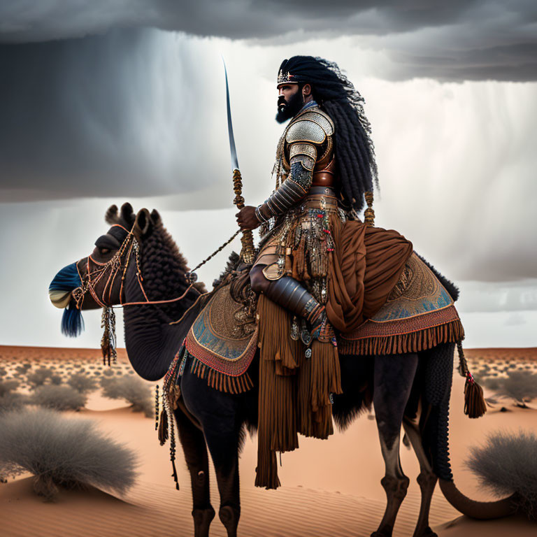 Ornate armored warrior on richly adorned camel in stormy desert landscape