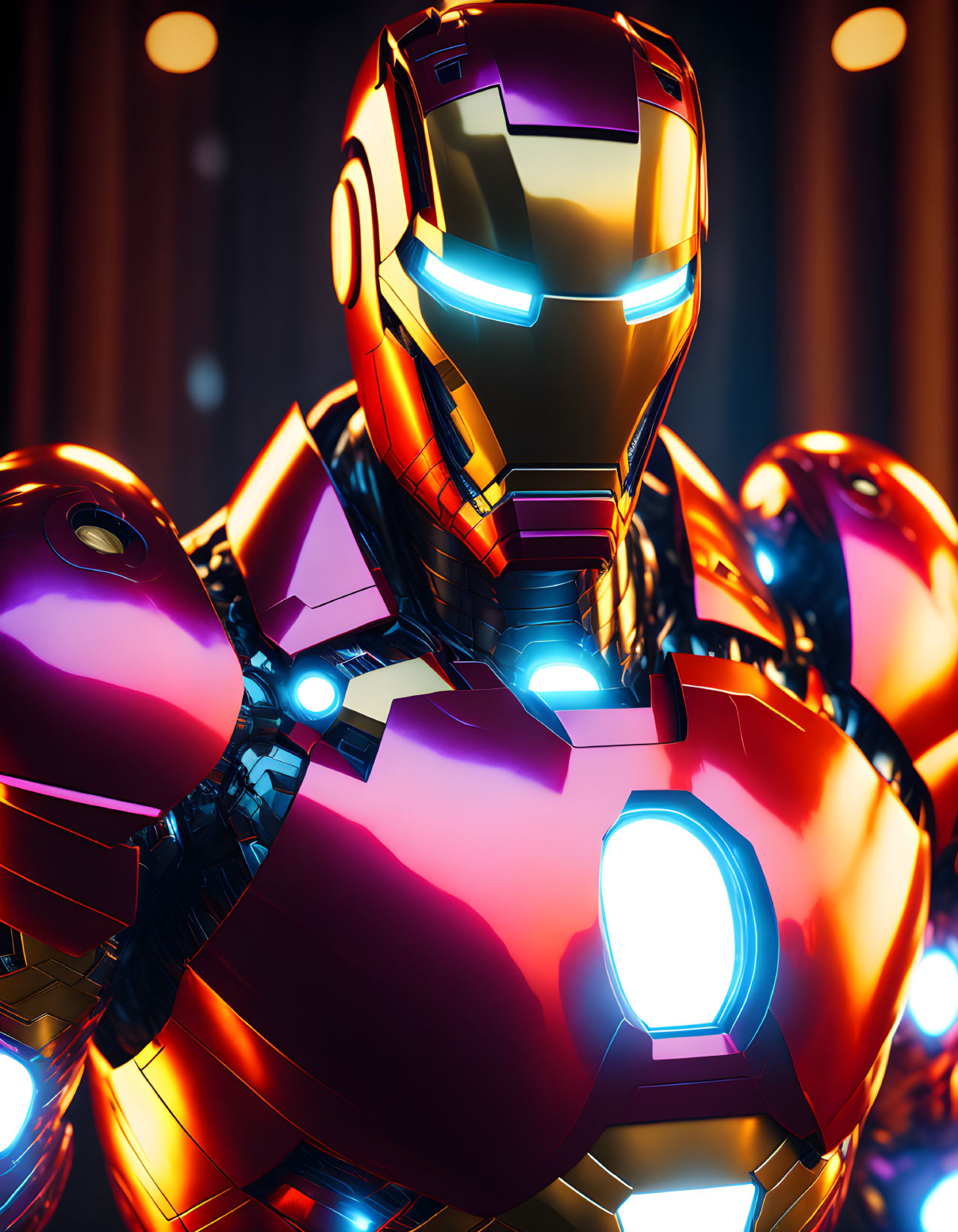 Detailed Red and Gold Iron Man Suit with Glowing Arc Reactor and Eyes