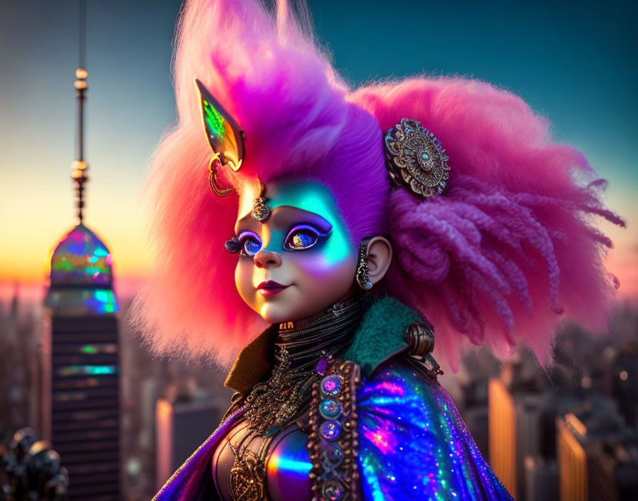 Colorful portrait of individual with purple skin and elaborate hair, adorned with jewelry, against city skyline at