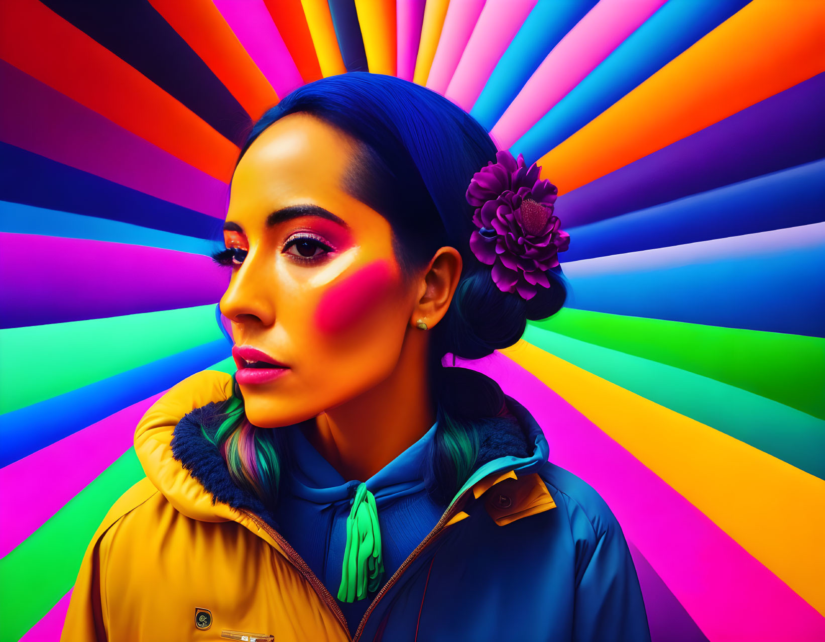 Colorful portrait of woman with floral hair accessory on radiant background