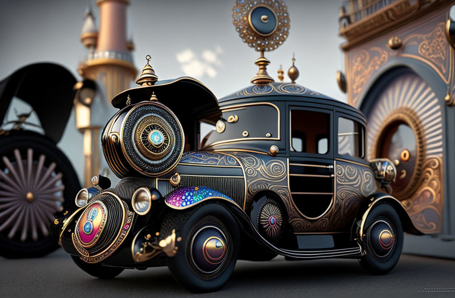 Stylized vintage car with ornate patterns and mythical designs