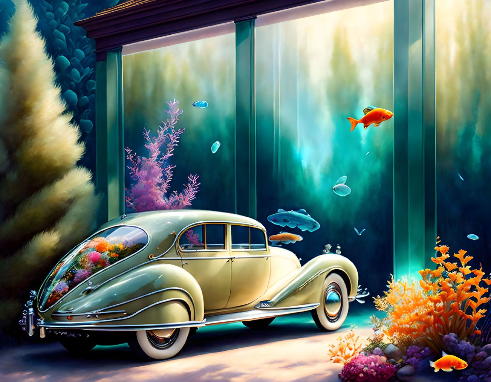 Vintage car parked next to vibrant coral and fish in surreal underwater scene