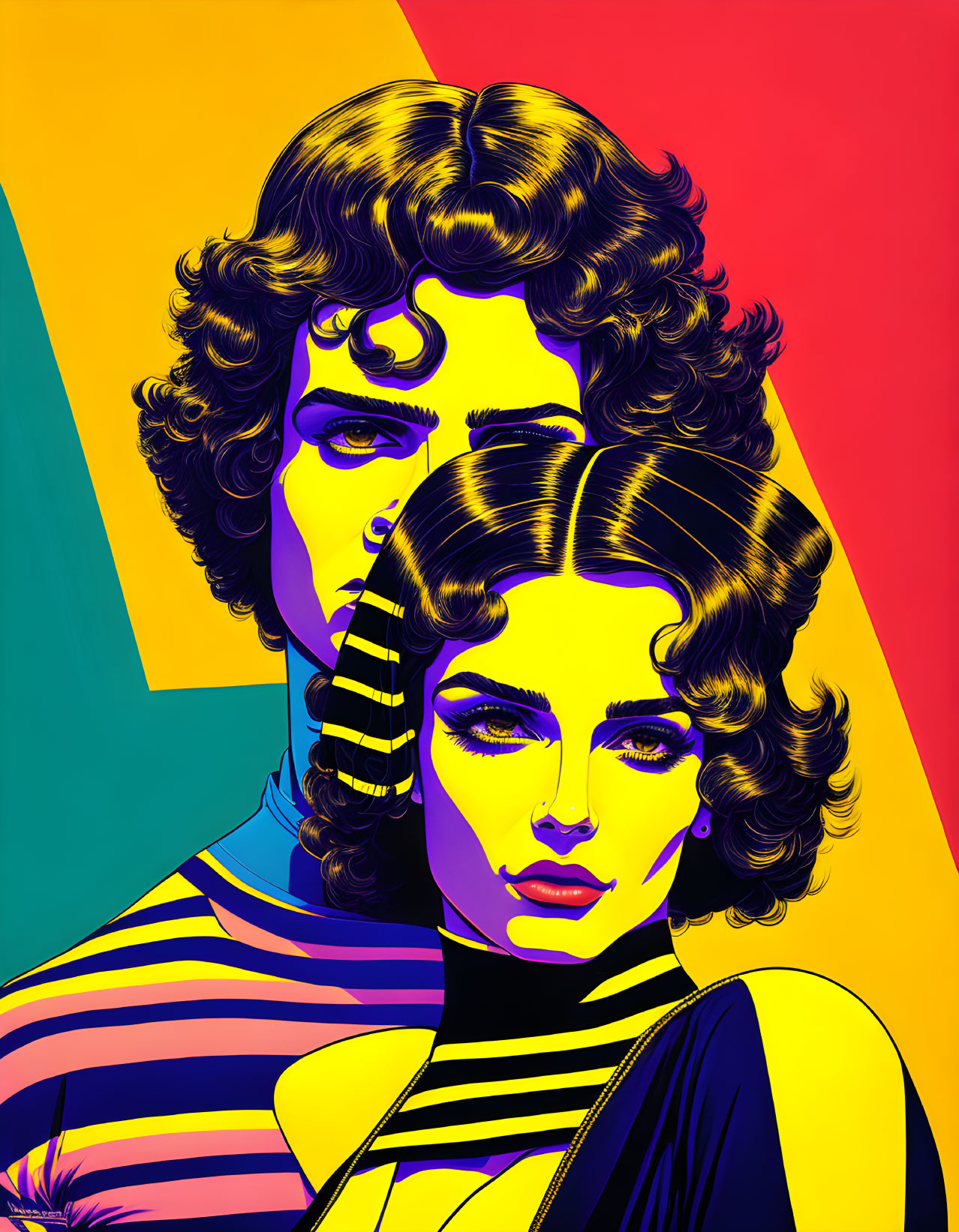 Vibrant pop art illustration of woman with dual face on geometric background