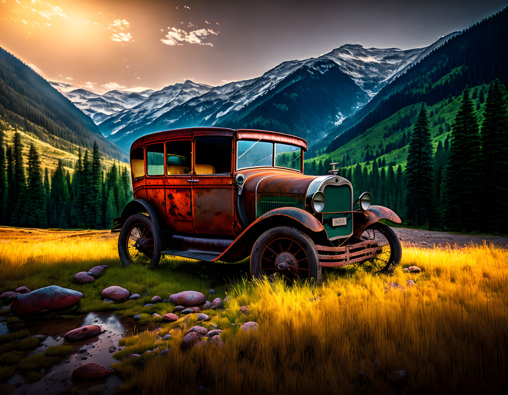 Abandoned rusty car in scenic mountain meadow at sunset