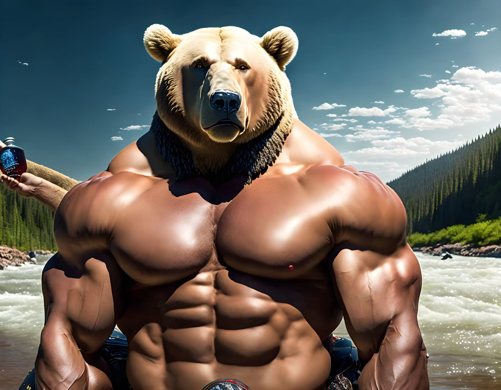 Muscular bear-headed figure holding a can in nature landscape