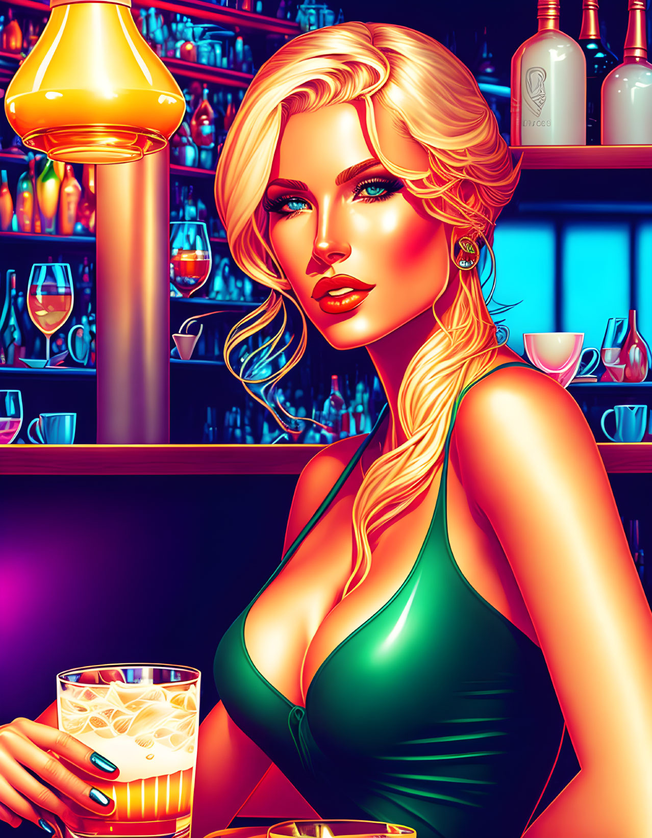 Blonde woman in green dress with drink at bar with colorful lighting