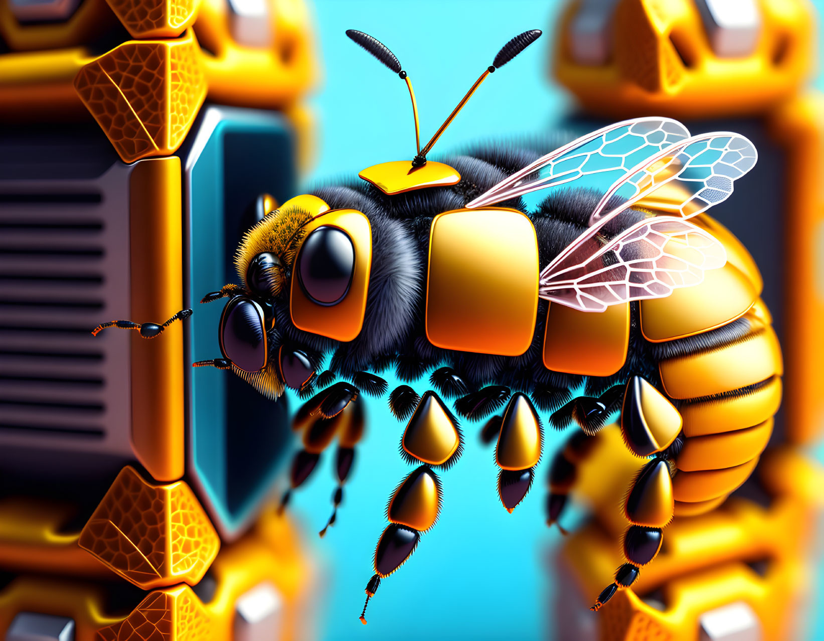 Stylized 3D Bee Illustration with Hexagonal Patterns on Blue Background