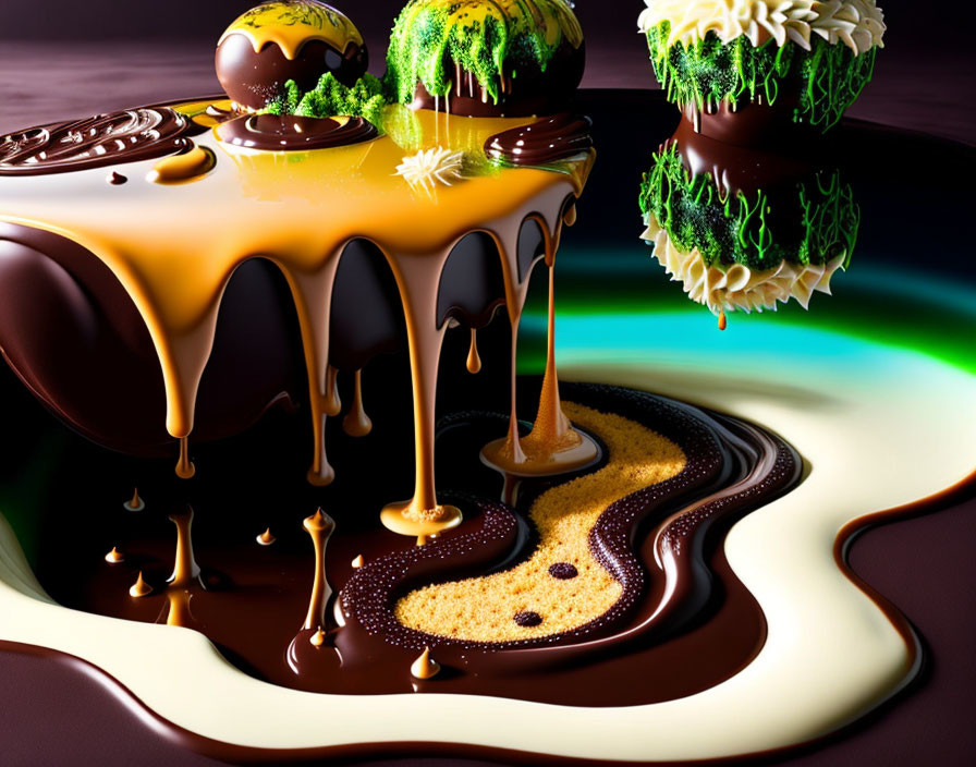 Surreal landscape featuring melting chocolate, caramel rivers, biscuit terrain, and candy-like greenery