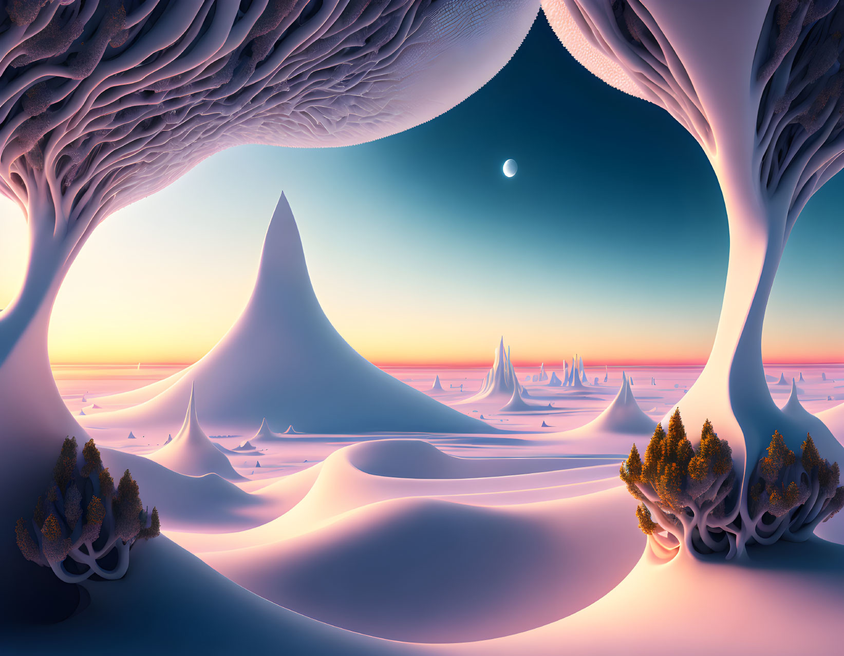 Surreal landscape with rolling hills, whimsical trees, and serene sky