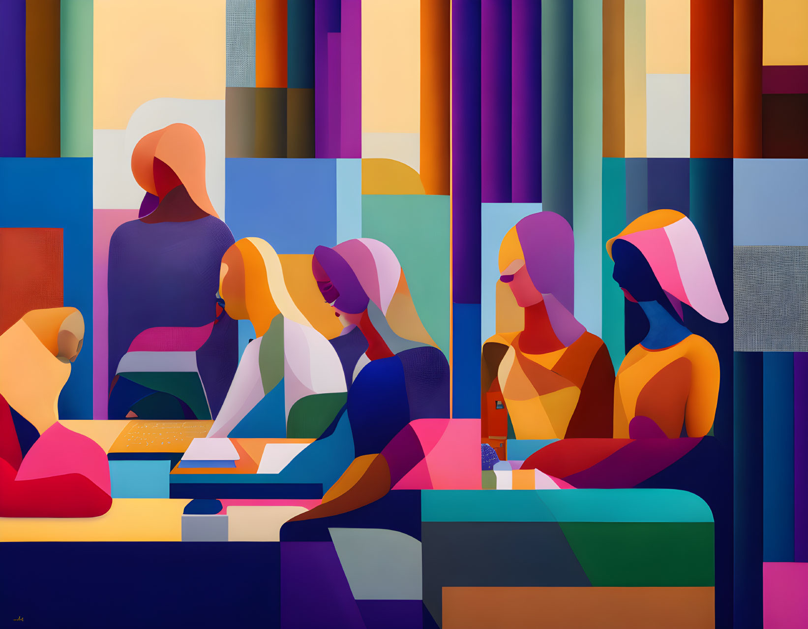 Vibrant abstract illustration with stylized figures and geometric shapes