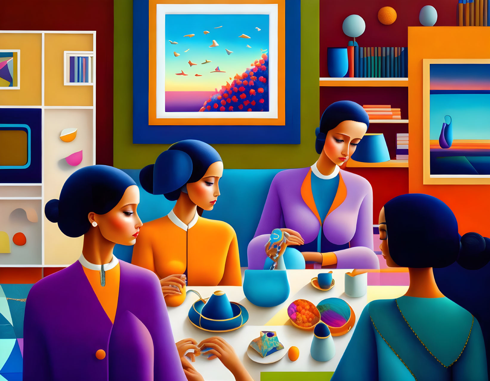 Colorful geometric room with stylized figures engaging in tea ceremony