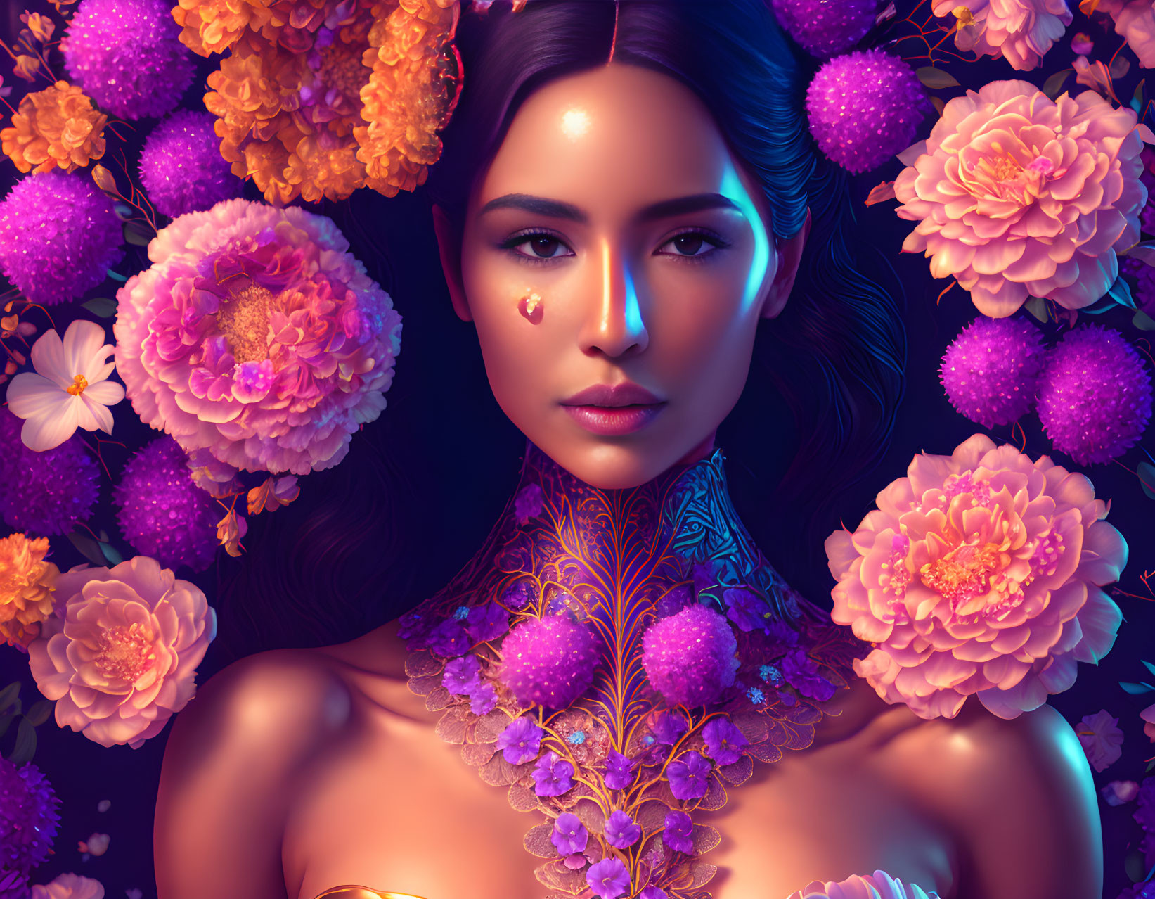 Floral-themed digital art portrait with vibrant colors and intricate patterns