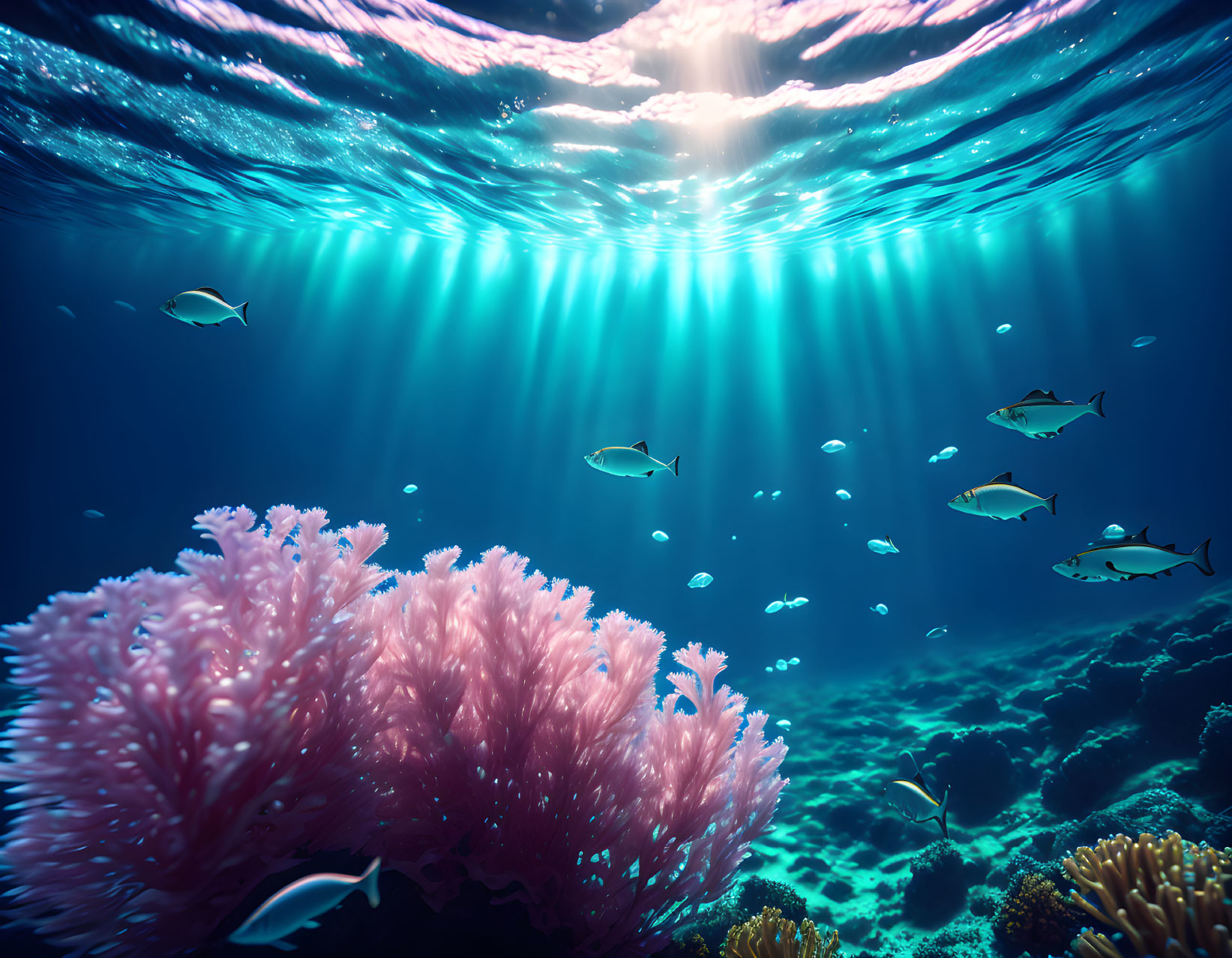 Colorful Underwater Seascape with Fish, Sunbeams, and Coral