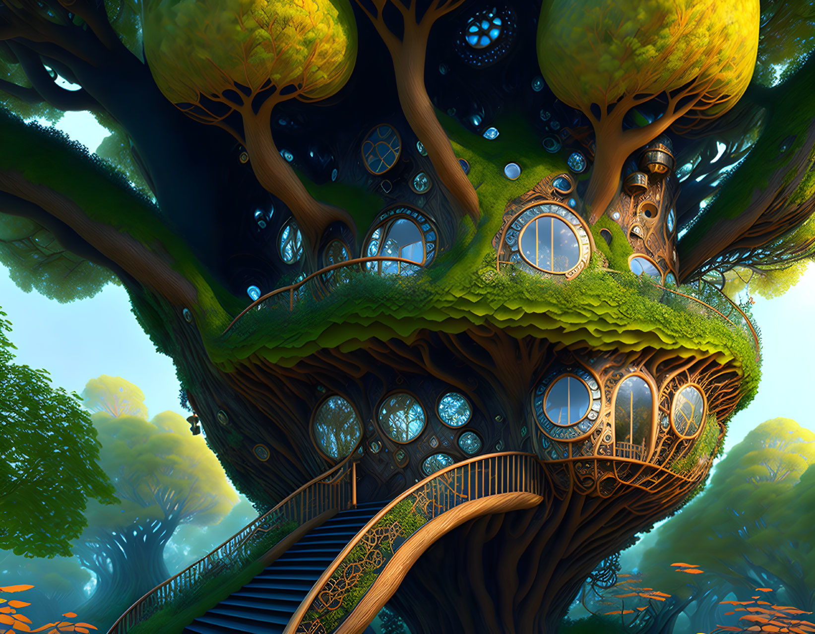 Fantastical tree with round windows in enchanted forest