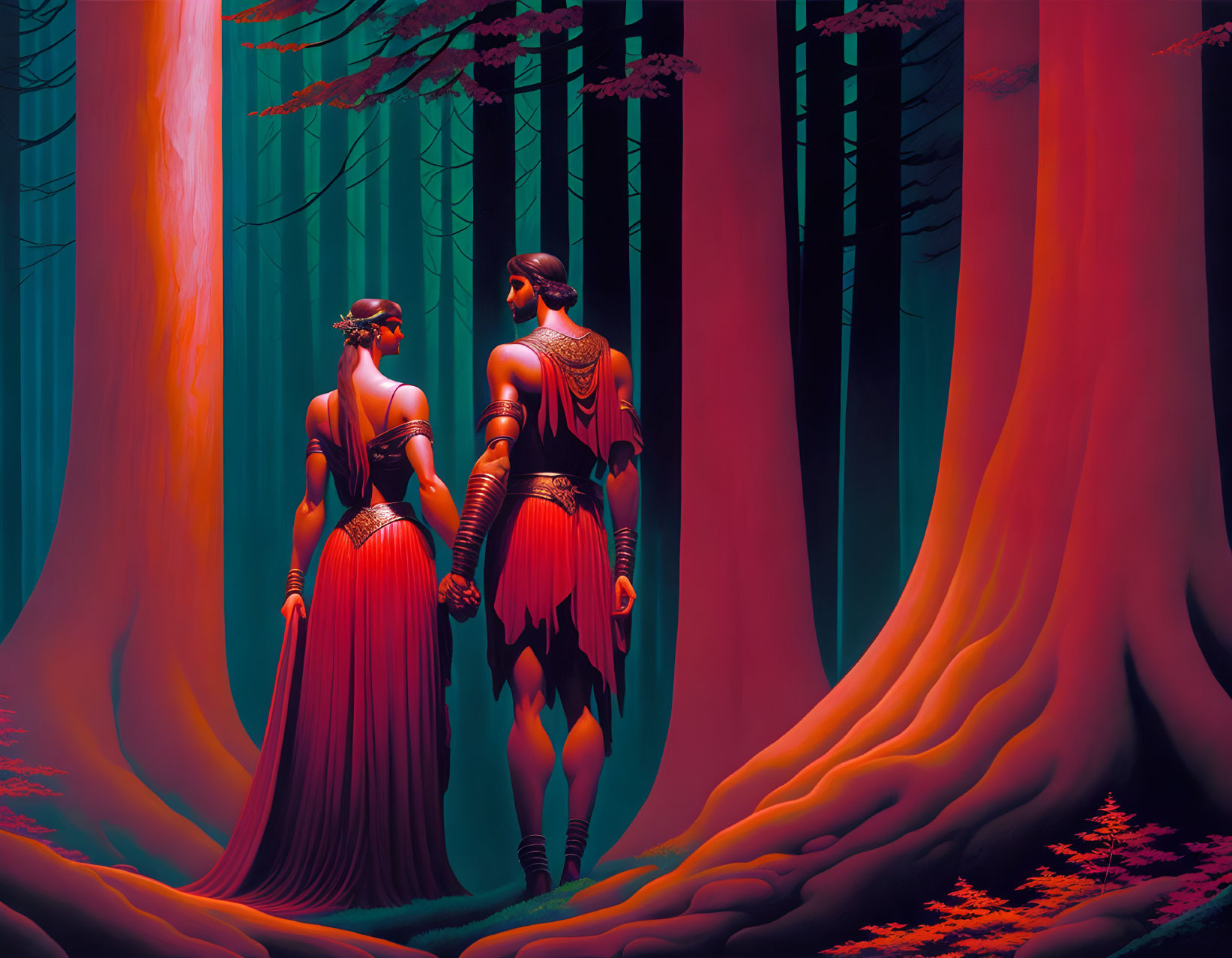 Stylized characters in ancient warrior attire in a mystical forest