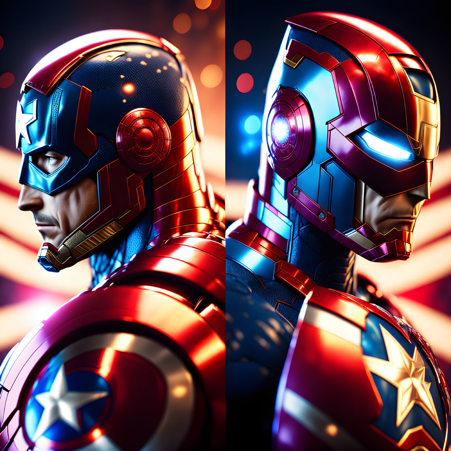 Dual superheroes with glowing helmets and symbols against vibrant backdrop