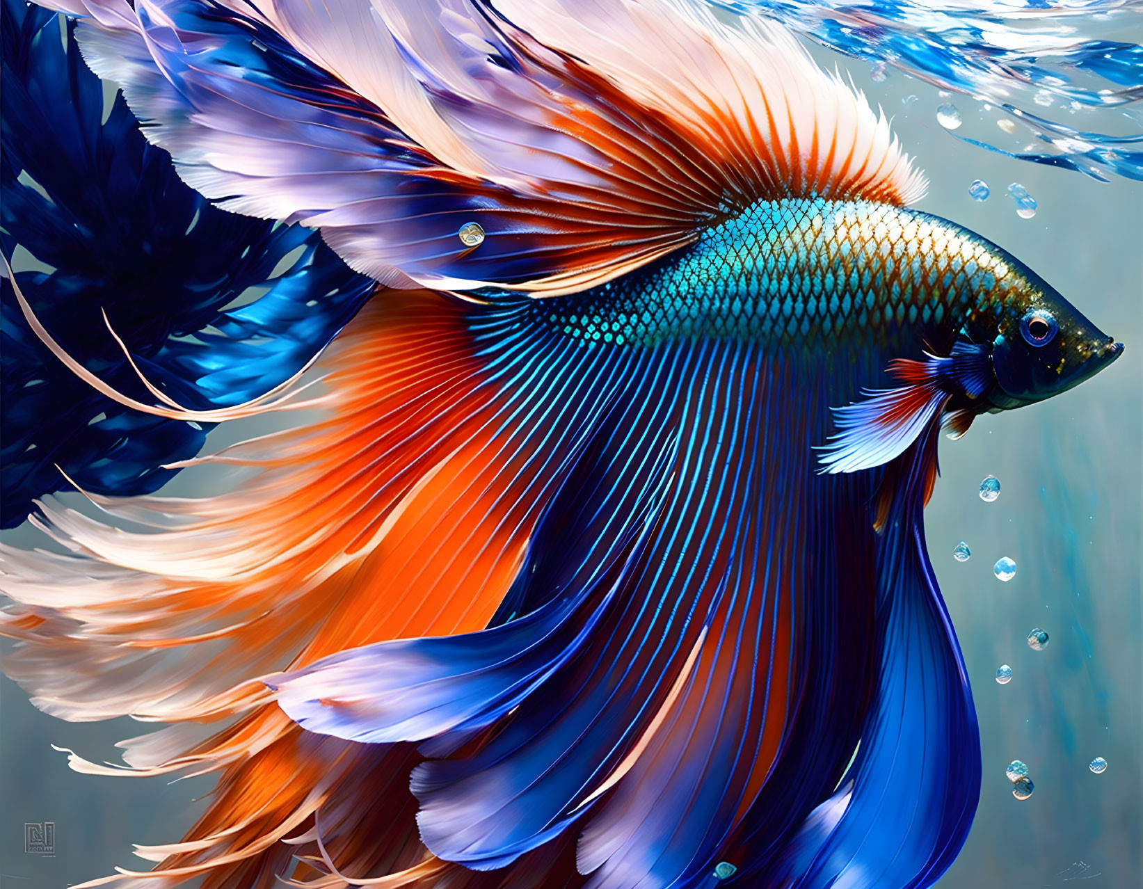 Colorful Betta Fish Digital Illustration with Blue and Orange Fins