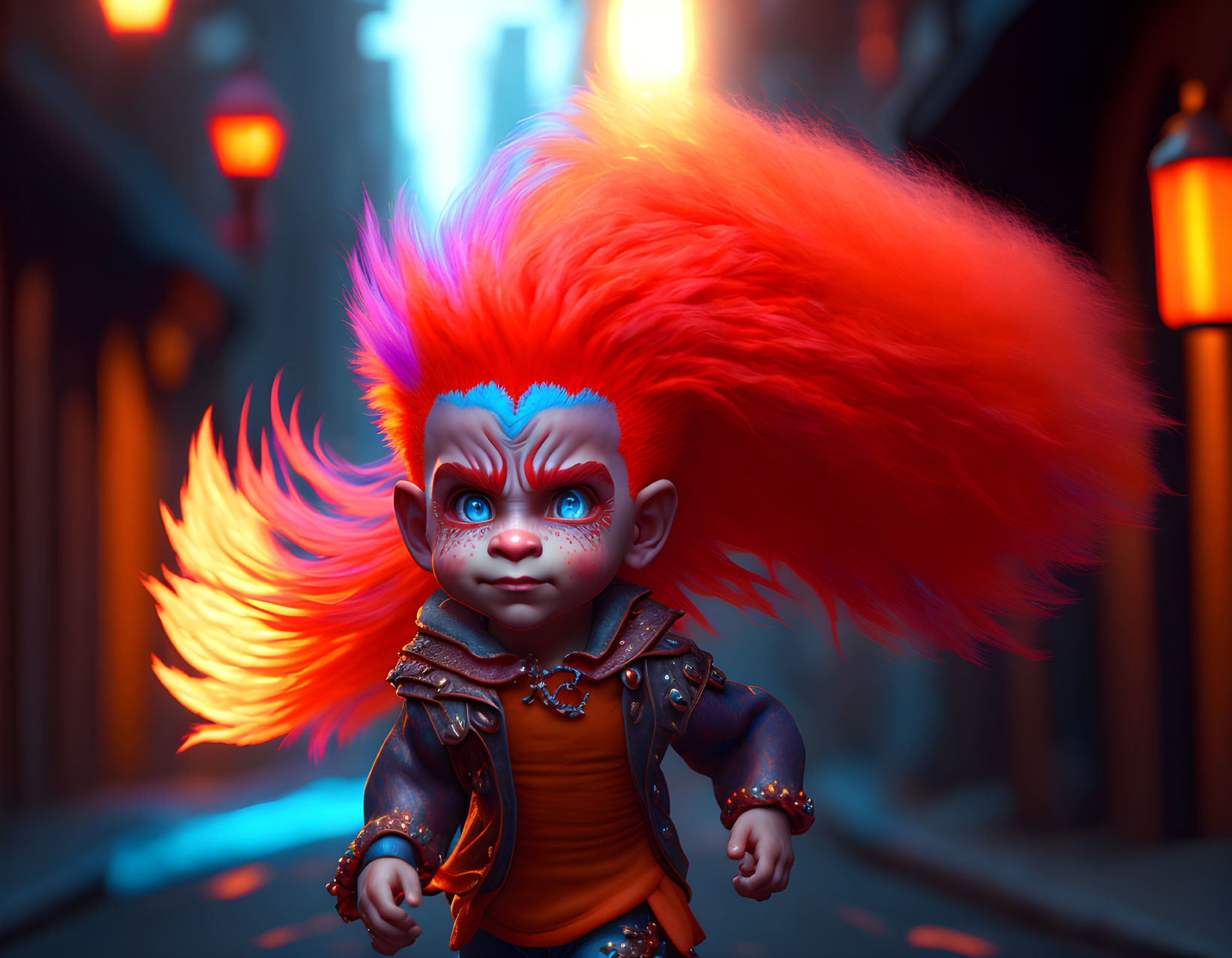 Vibrant orange-red hair, blue skin character in black jacket walking in dimly-lit alley