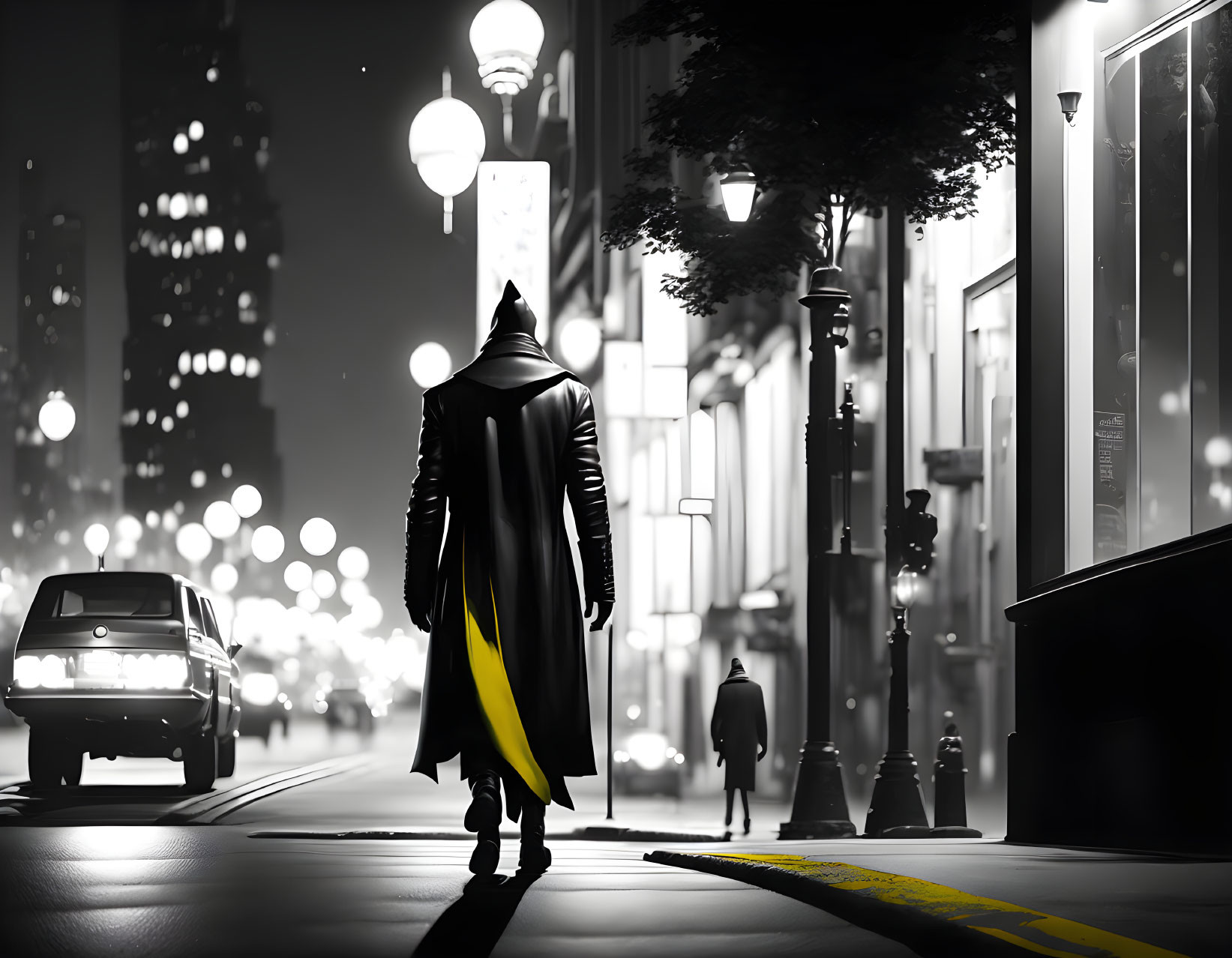 Mysterious figure in cape walks city street at night