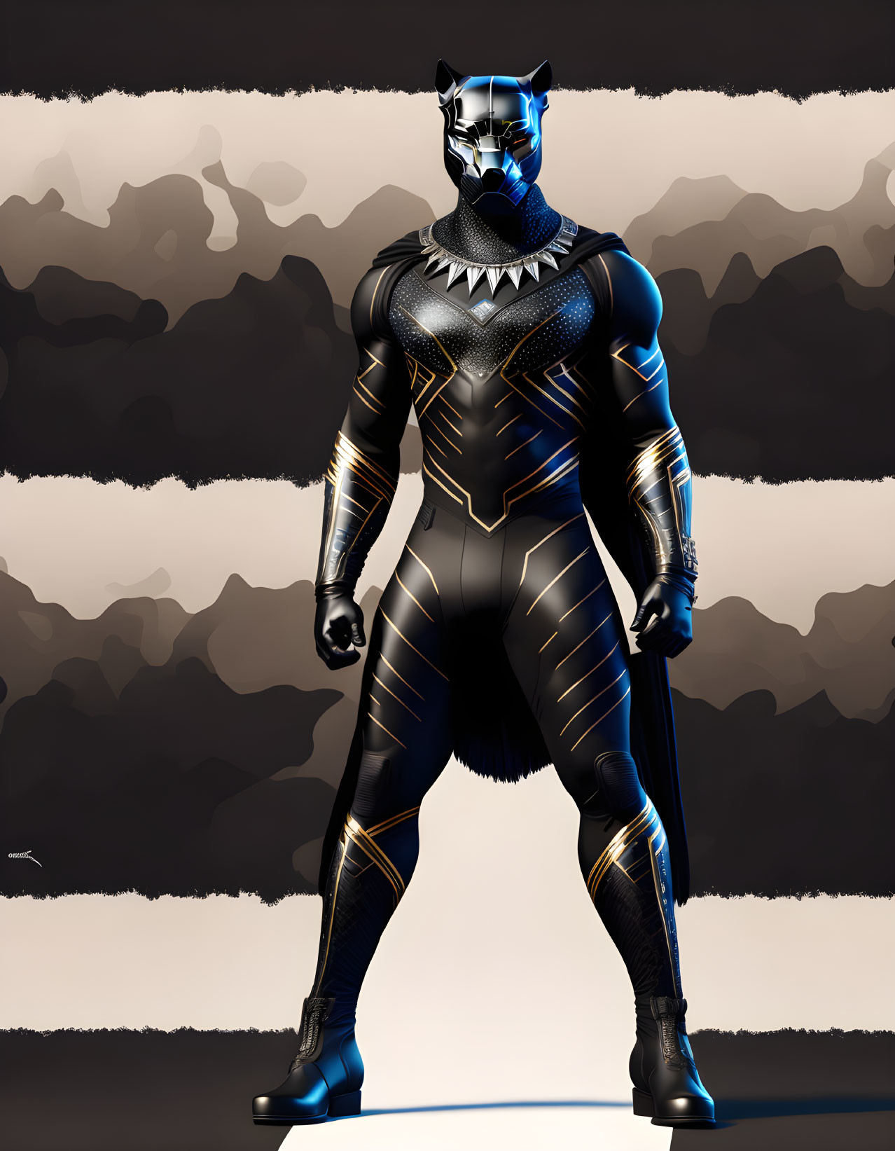 Superhero character in black and blue suit with panther mask and spear on stylized background