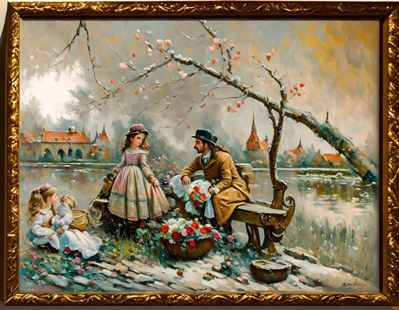 Victorian-era family portrait in snowy landscape with vibrant blossoms