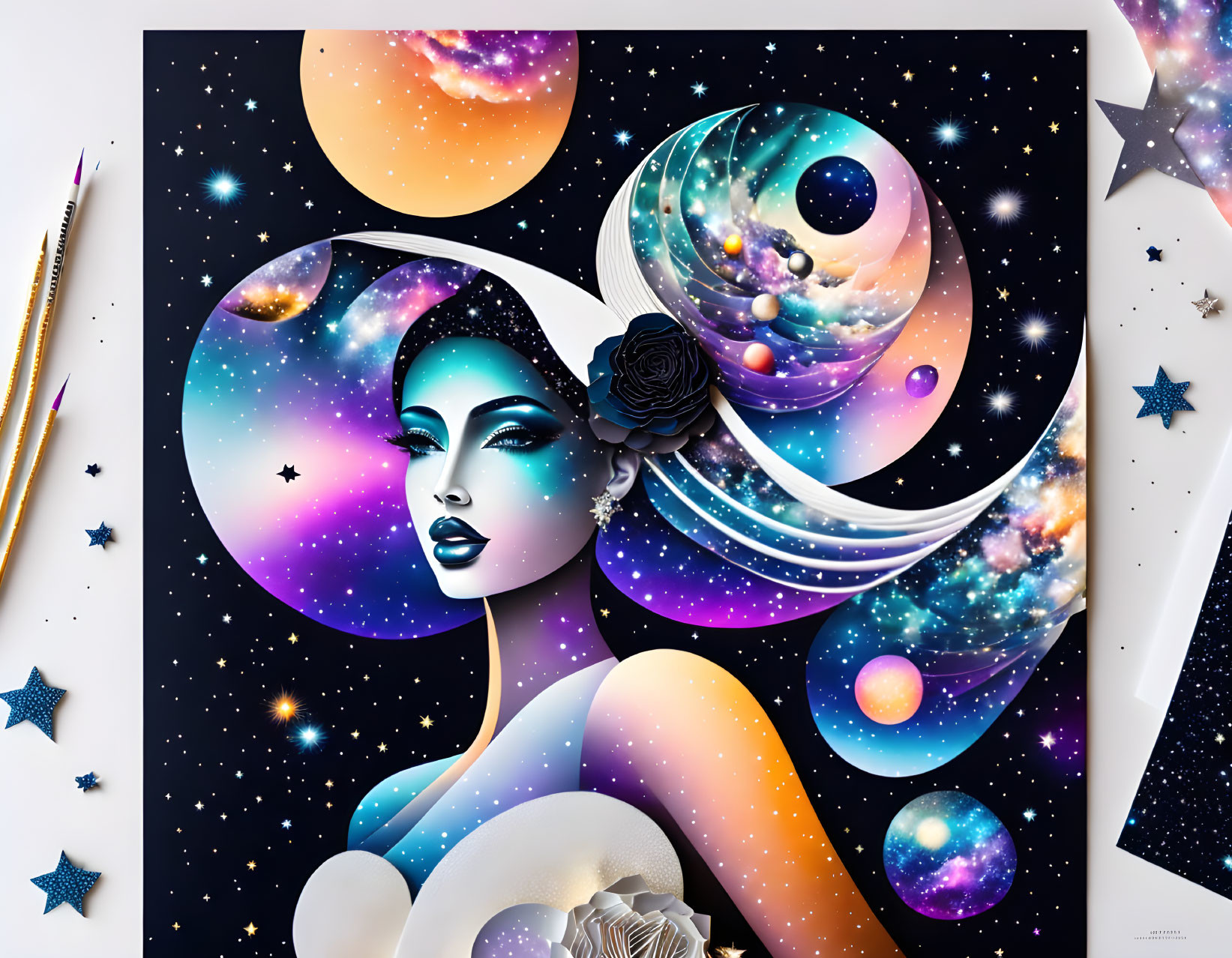 Woman's profile with cosmic elements in hair and background