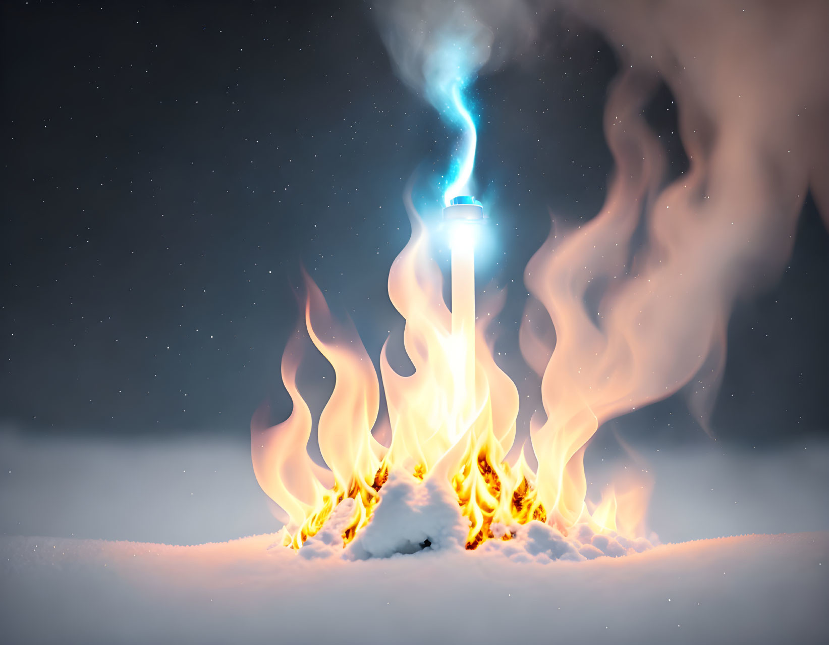 Flaming battery on snow with blue energy, wintry backdrop