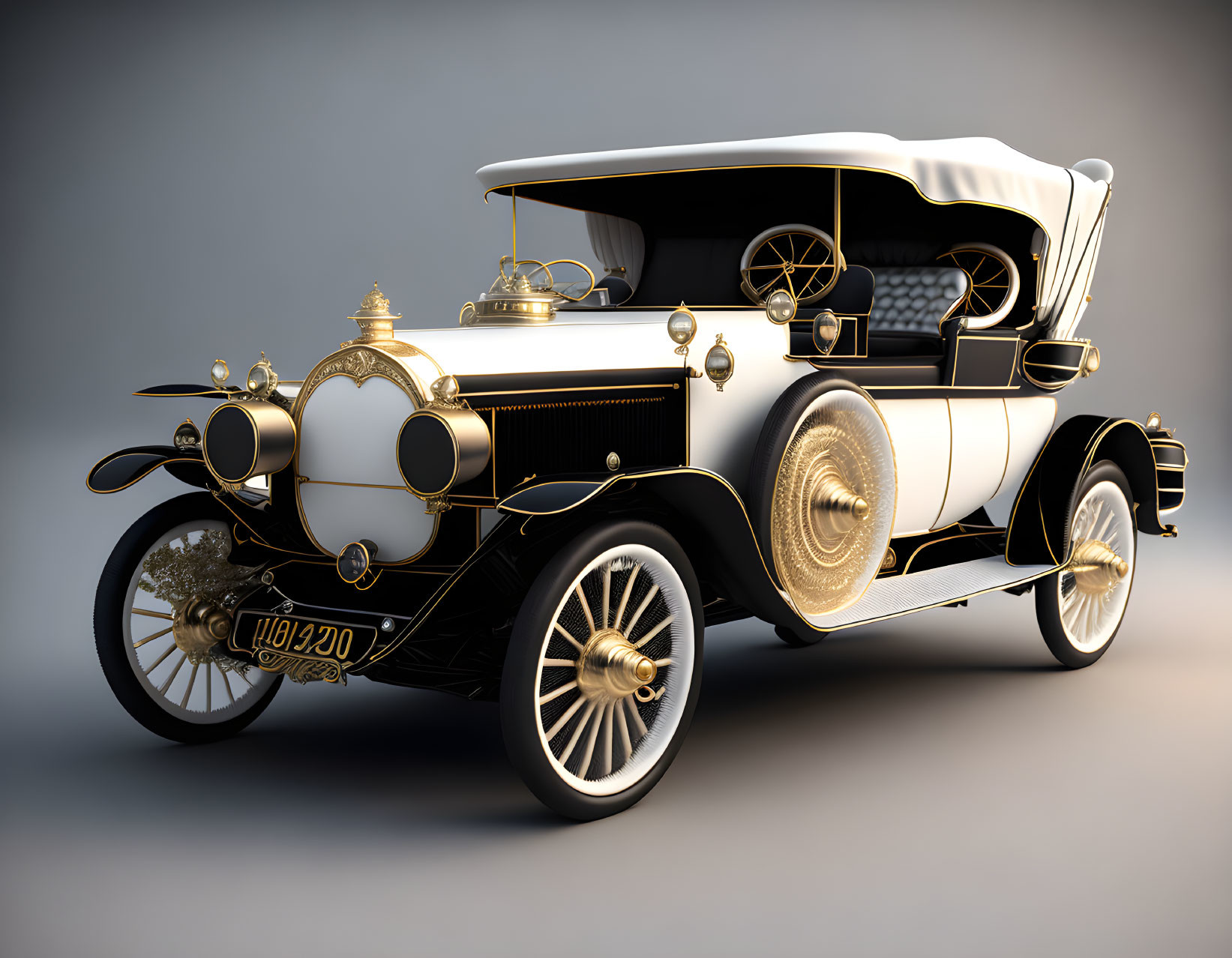 Classic White and Gold Car with Spoked Wheels and Ornate Detailing