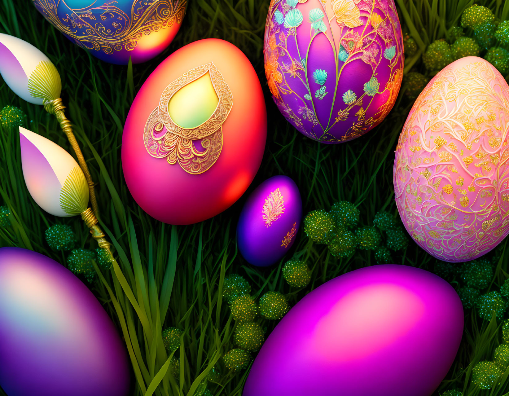 Vibrant Easter eggs hidden in lush greenery