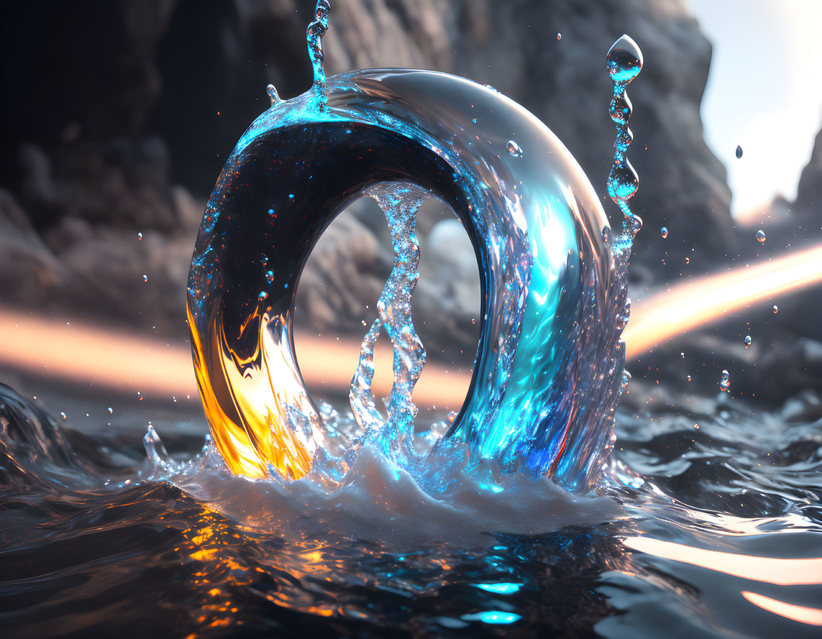 Hyper-realistic Digital Art: Glowing Wave Crest on Rocky Sunset Backdrop