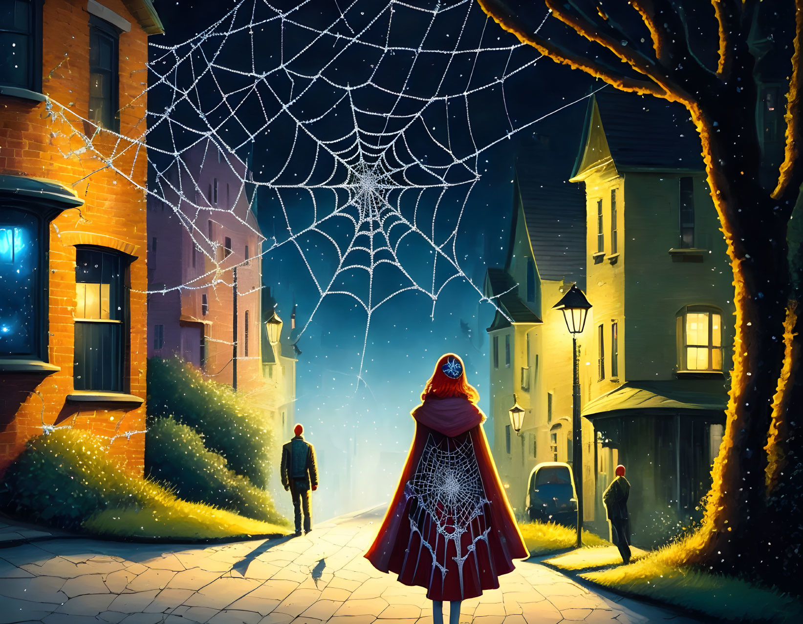 Person in red cloak on cobblestone street at night with spiderweb and Victorian houses.