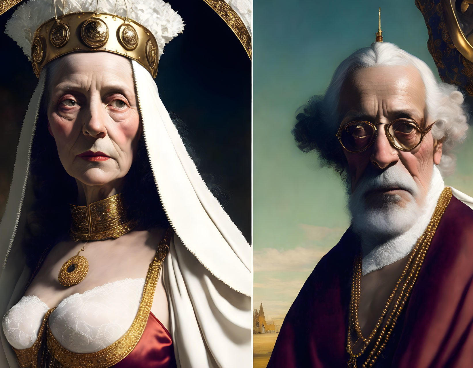 Regal figures in classic royal attire diptych