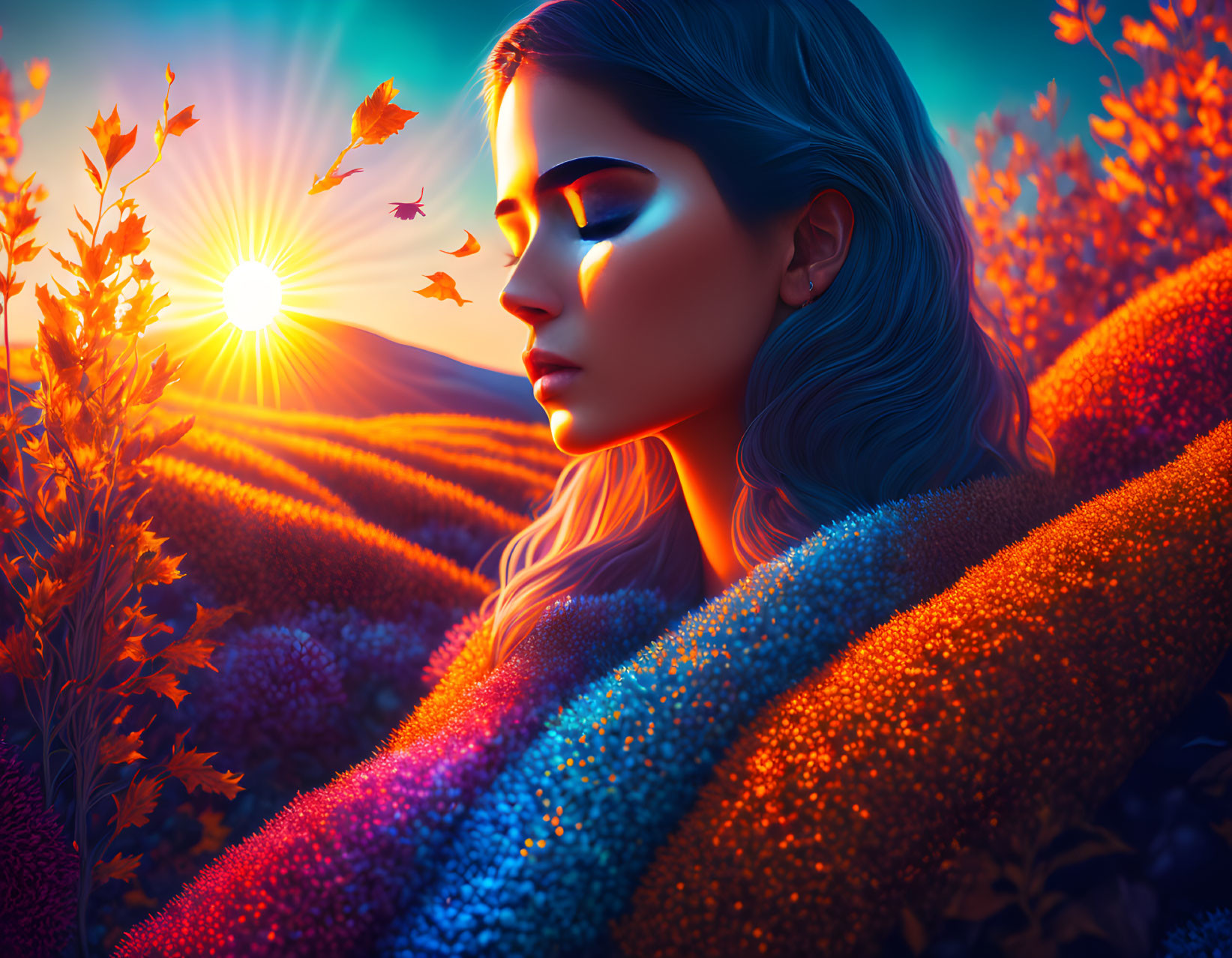 Woman standing in vibrant sunset field with flowers.