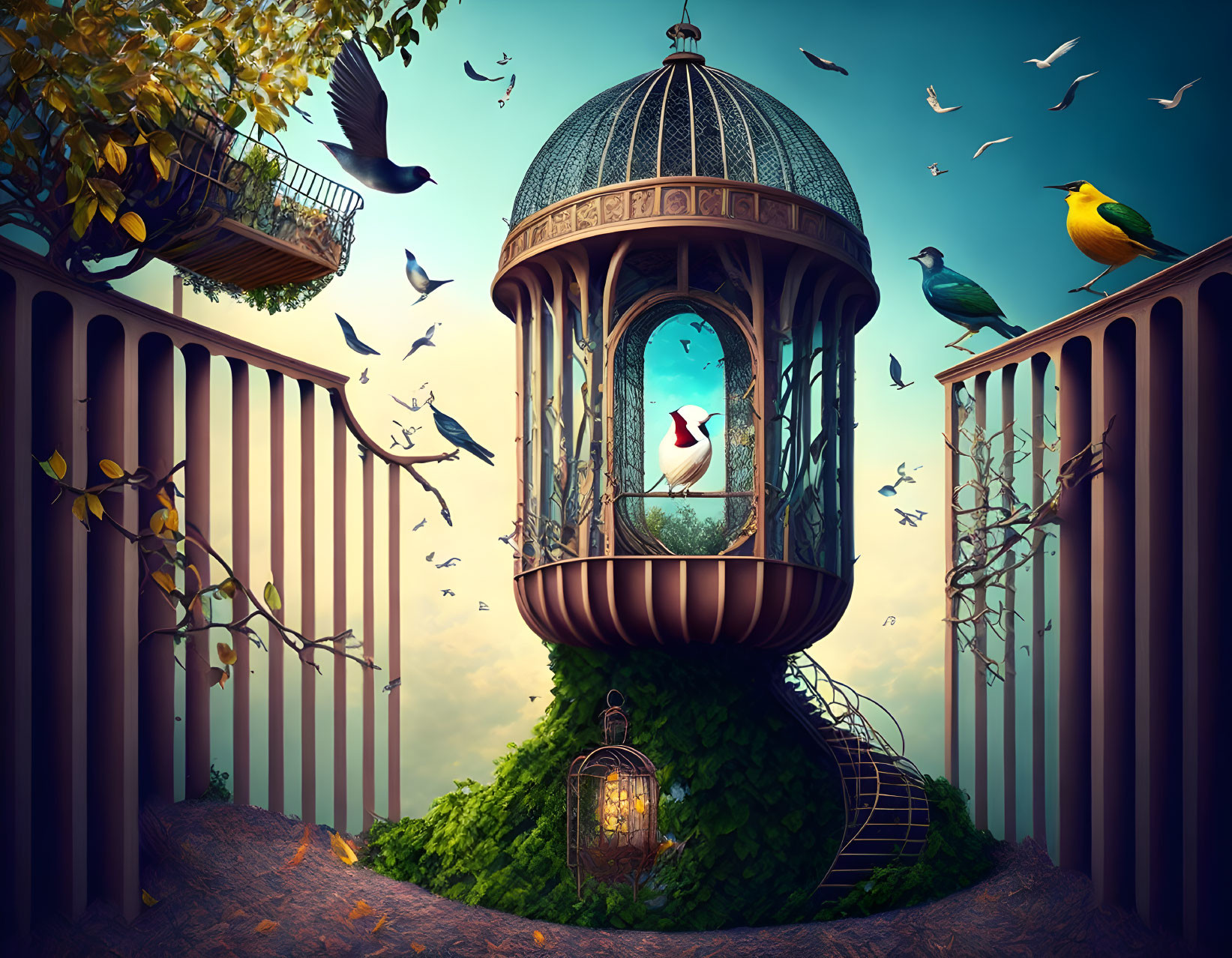 Surreal large birdcage on vine-covered hill with open door, birds flying, smaller cage