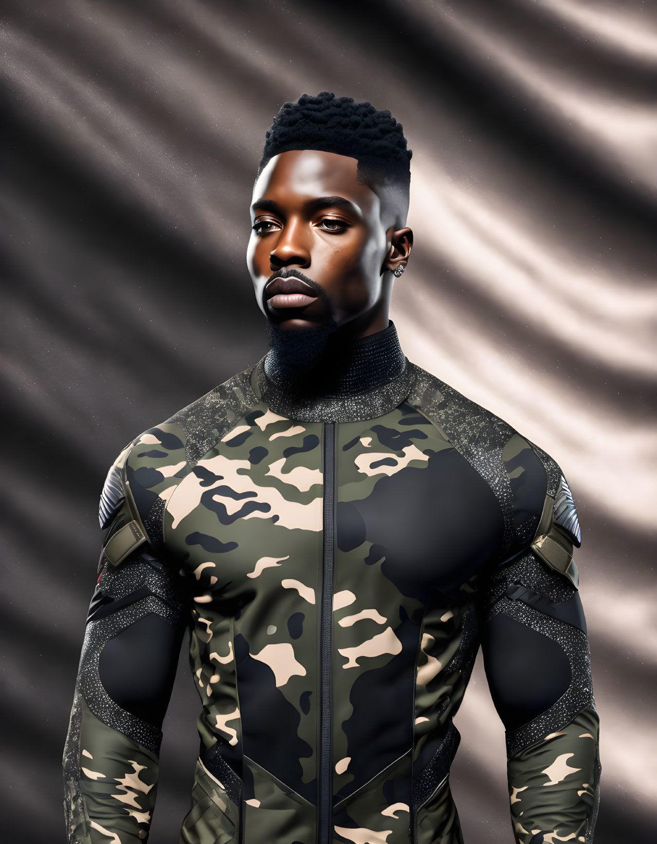 Stylized high-top fade man in camouflage suit on silky brown backdrop