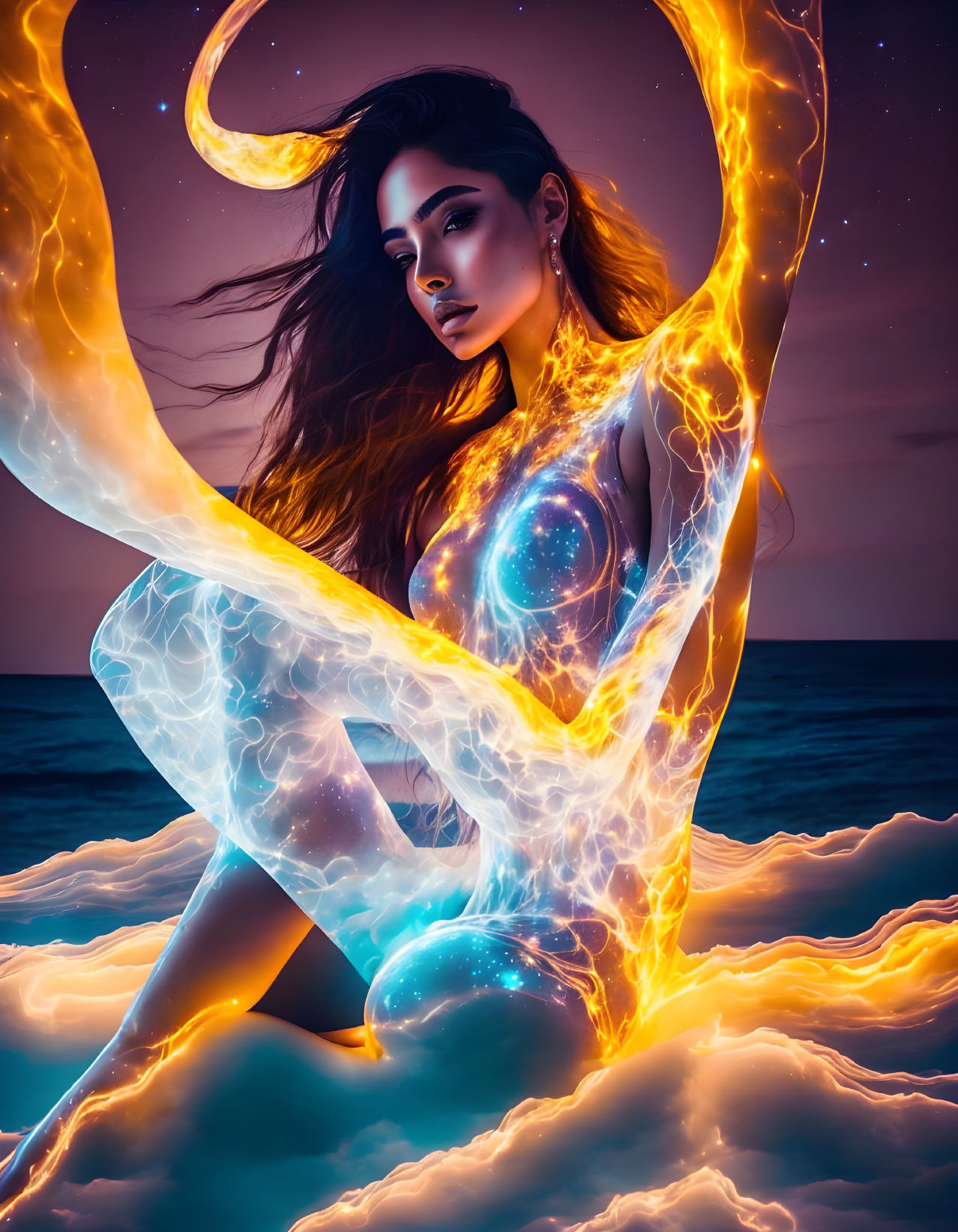 Digital artwork: Woman surrounded by cosmic energy, ocean, crescent moon, night sky