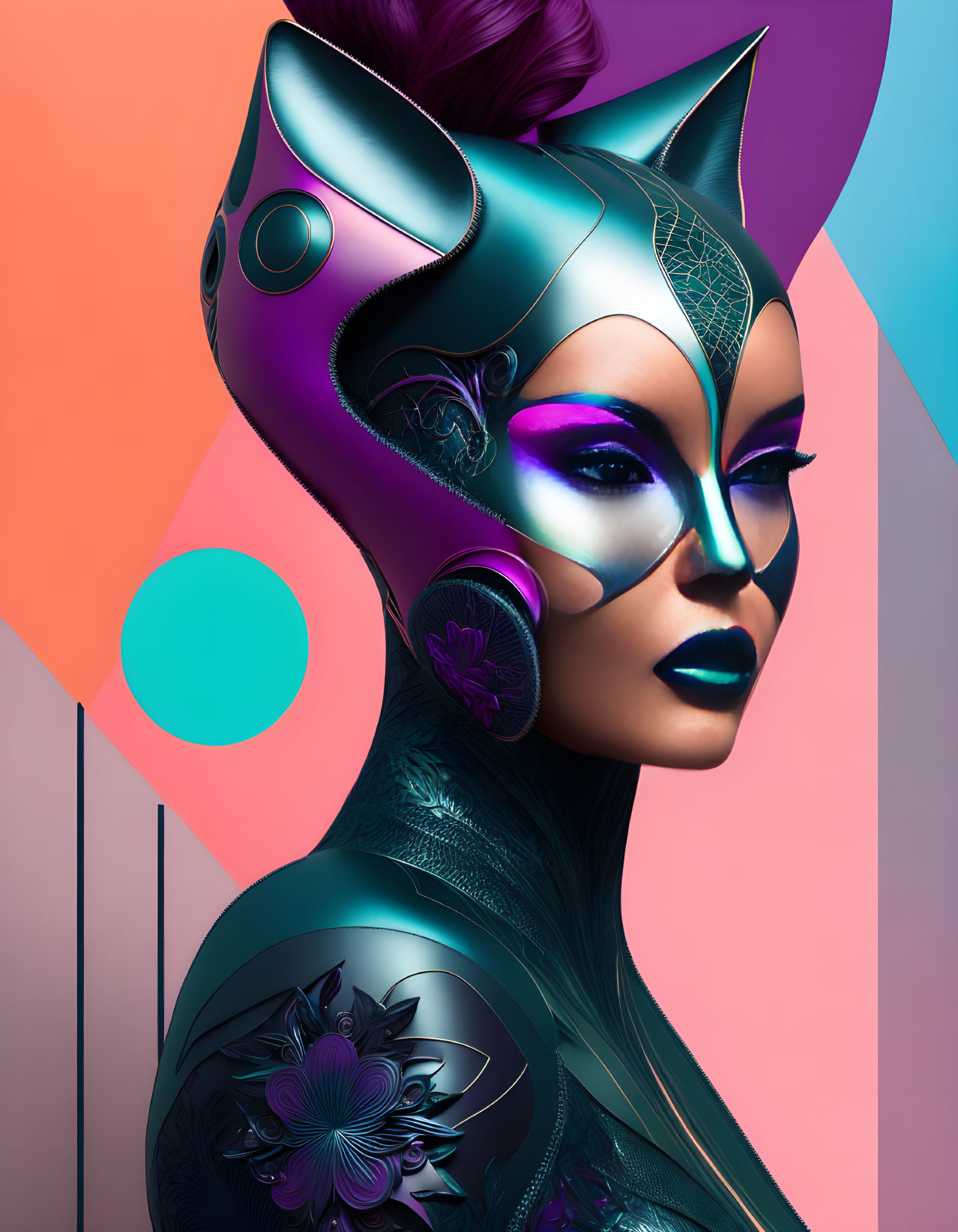 Colorful digital artwork of a futuristic woman in cat helmet against geometric backdrop