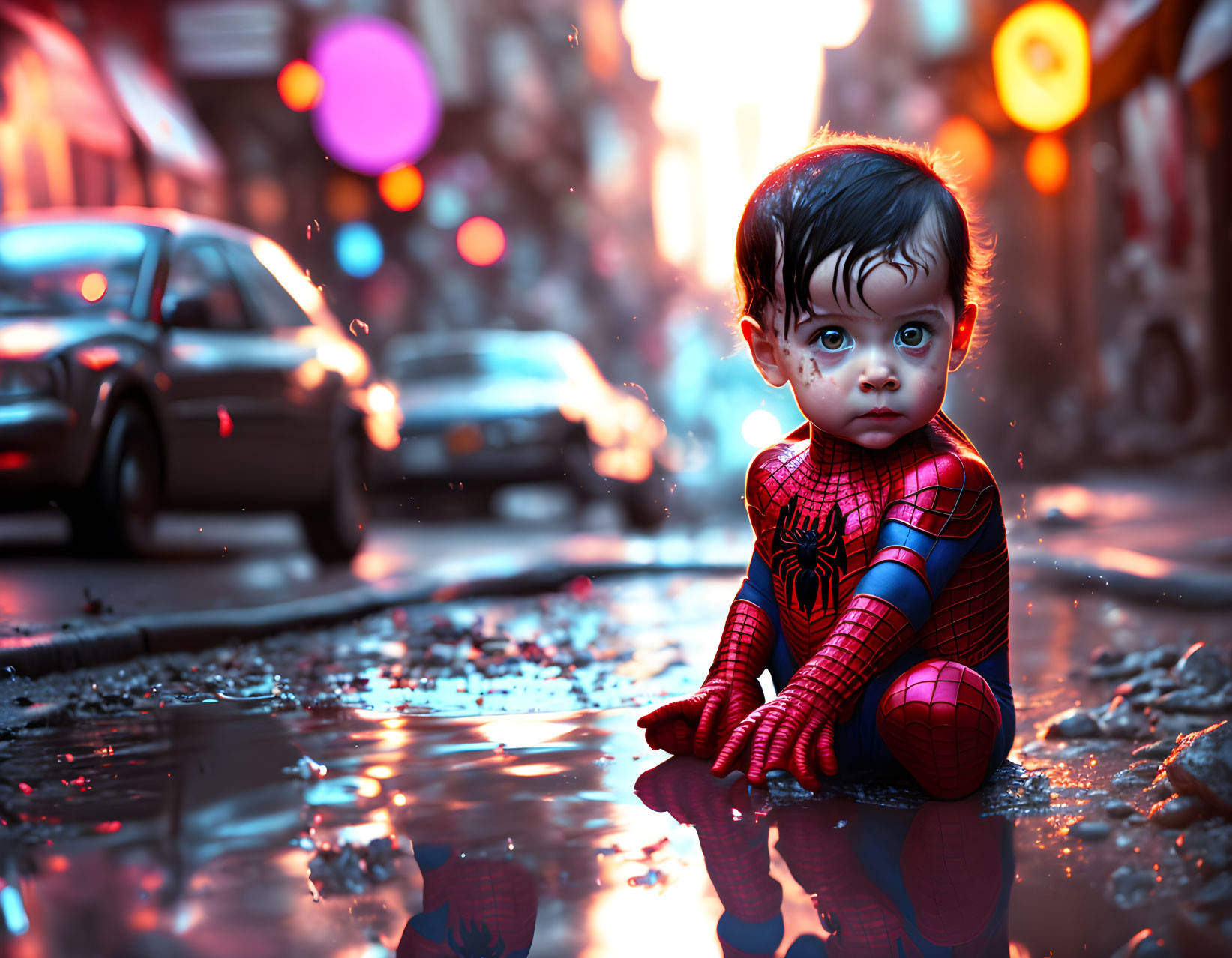 Child in Spider-Man Costume Sitting on Wet Street with City Lights and Cars