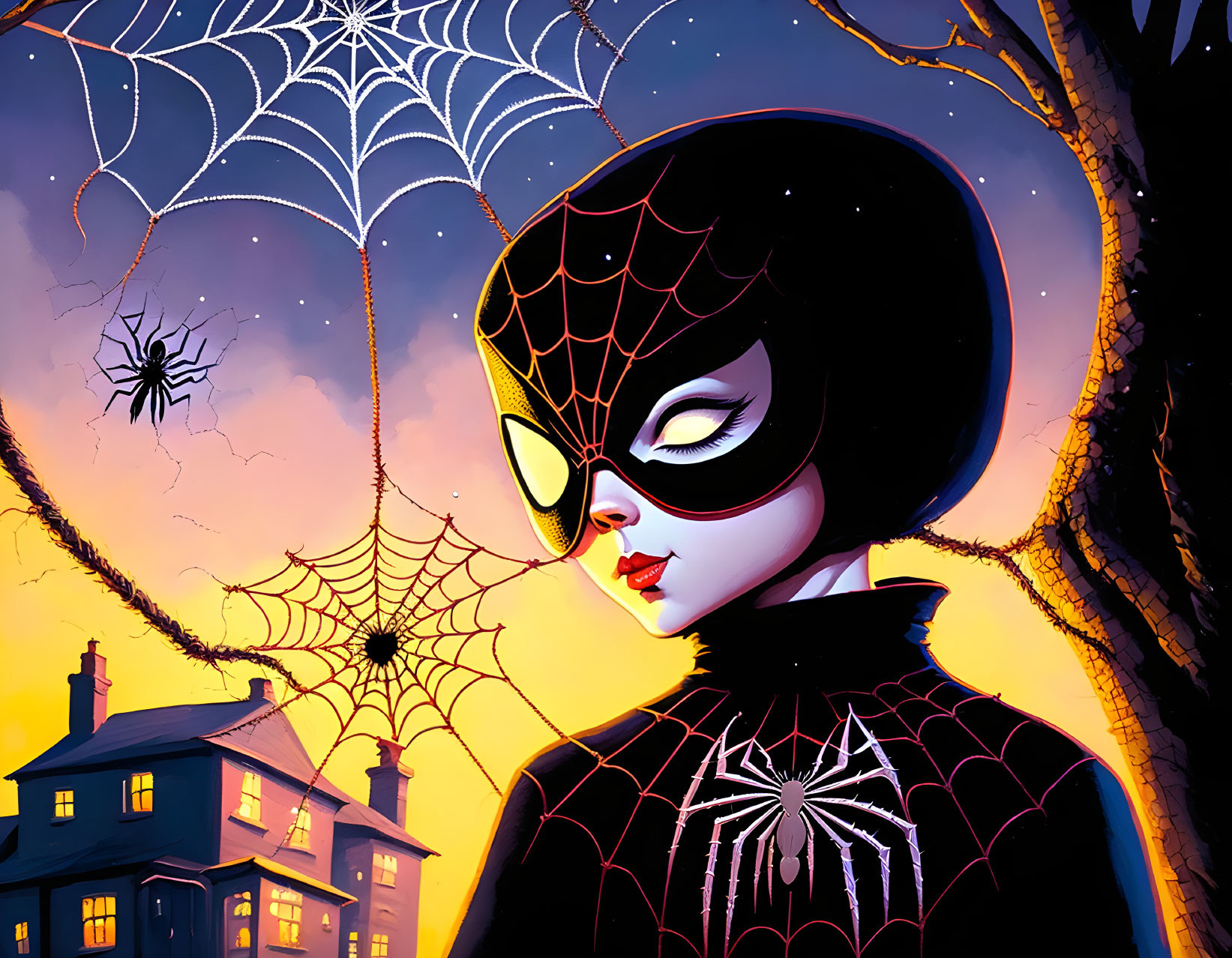 Stylized illustration of woman in black costume with spider-web design and mask